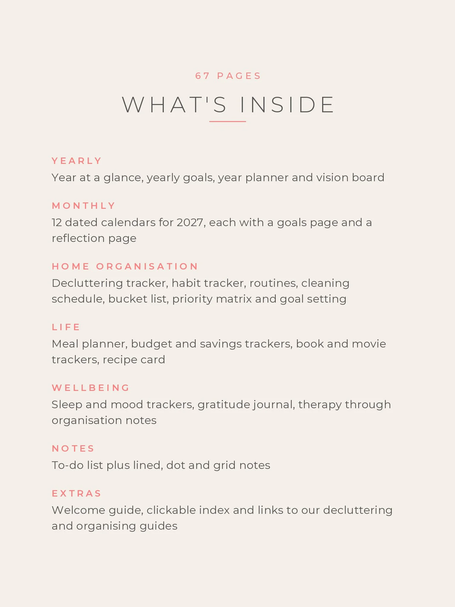 List of what is inside the 67-page 2027 Home Organisation Digital Planner
