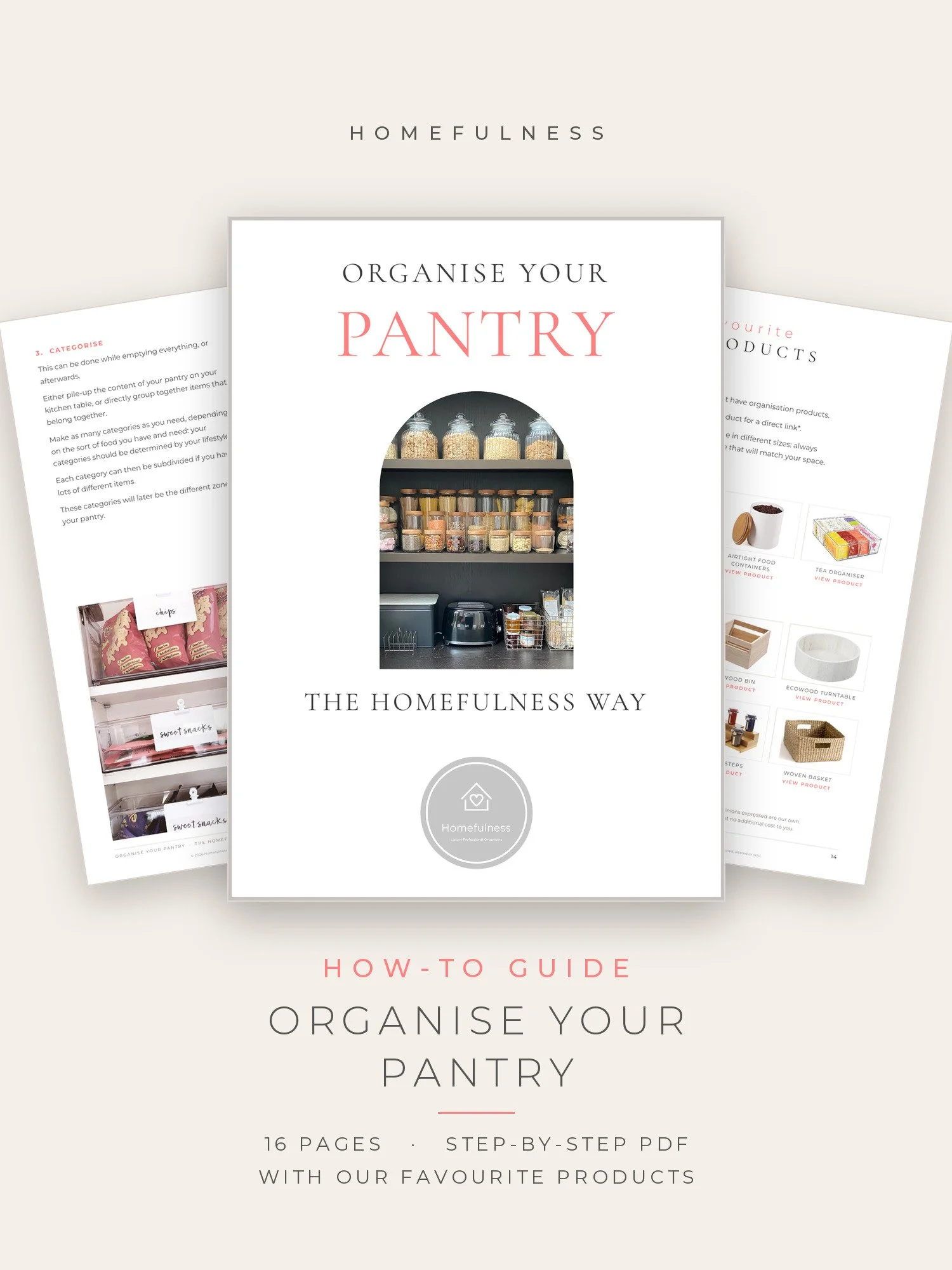 Cover of Organise Your Pantry the Homefulness Way, a 16-page how-to guide, with two pages from the guide behind it