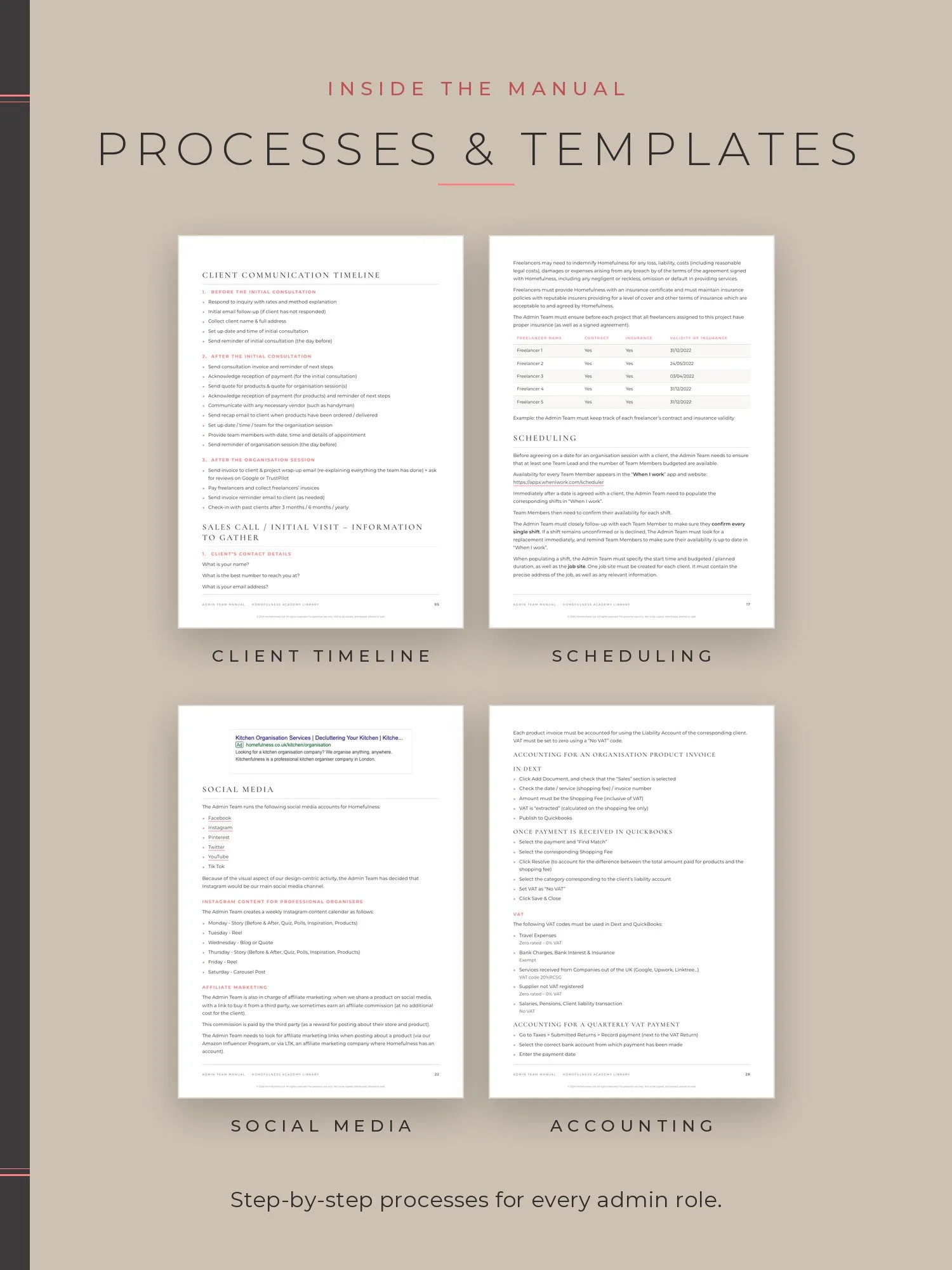Pages of the Admin Team Manual: client timeline, scheduling, social media, accounting