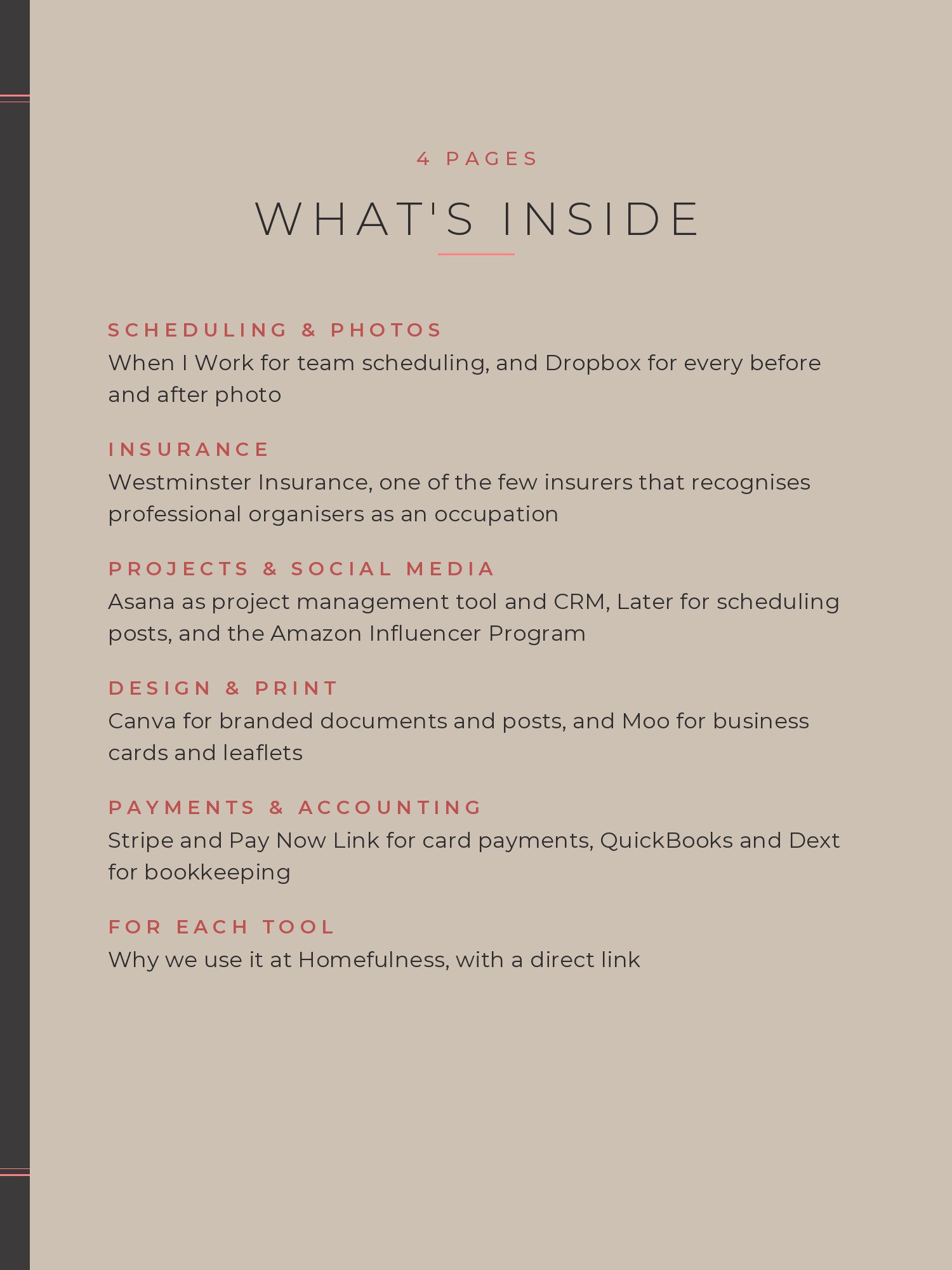 List of what is inside Business Tools for Professional Organisers