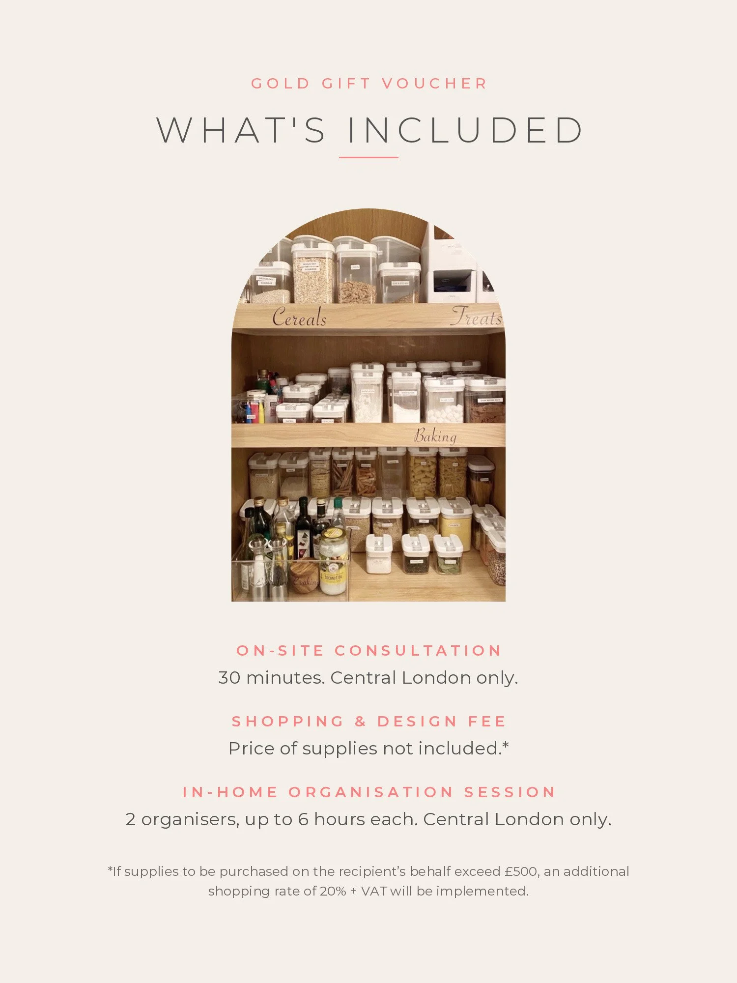 What is included in the Homefulness Gold gift voucher: a 30-minute on-site consultation, the shopping and design fee, and an in-home organisation session with 2 organisers, up to 6 hours each