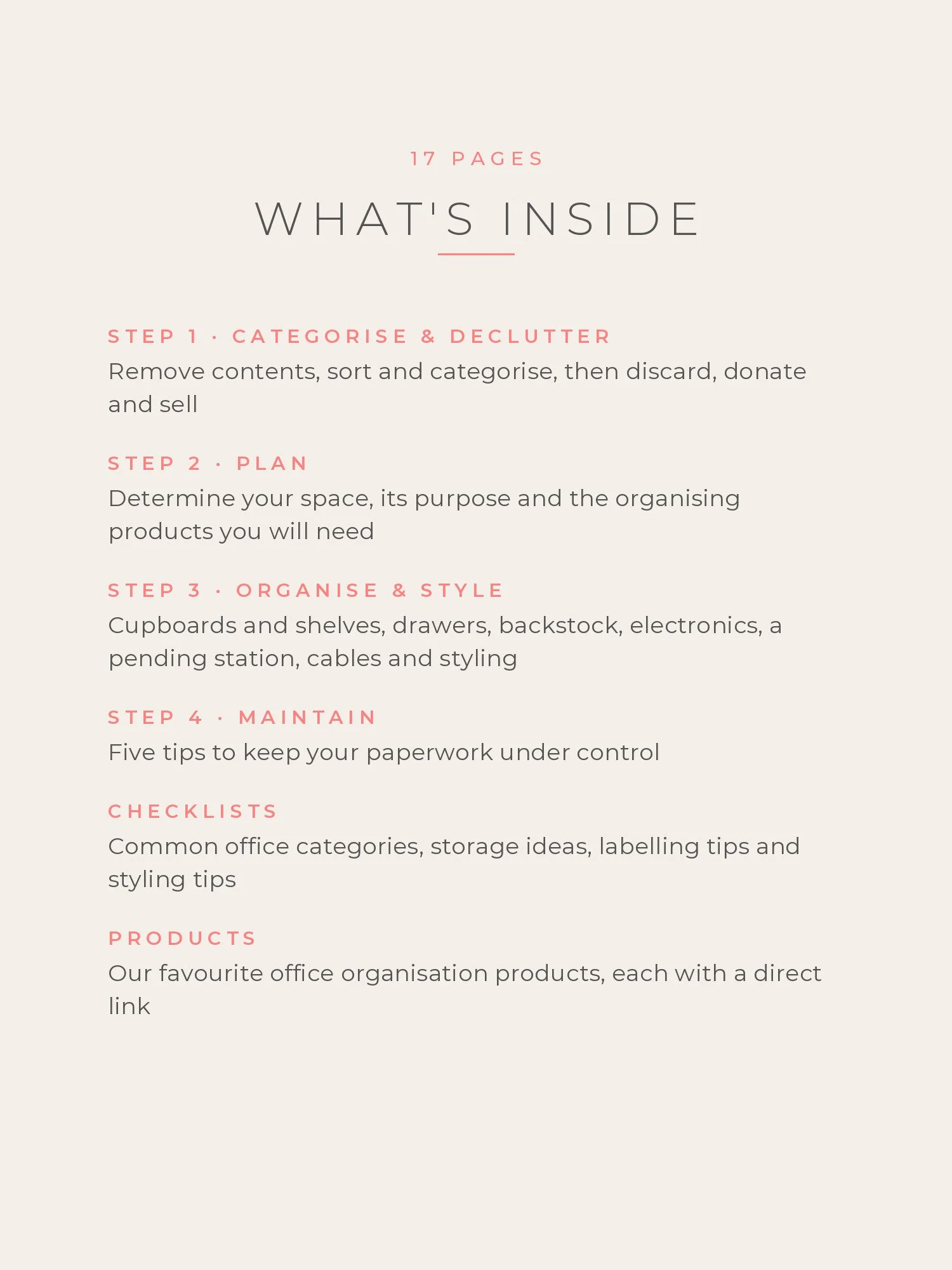 List of what is inside the 17-page office organisation guide
