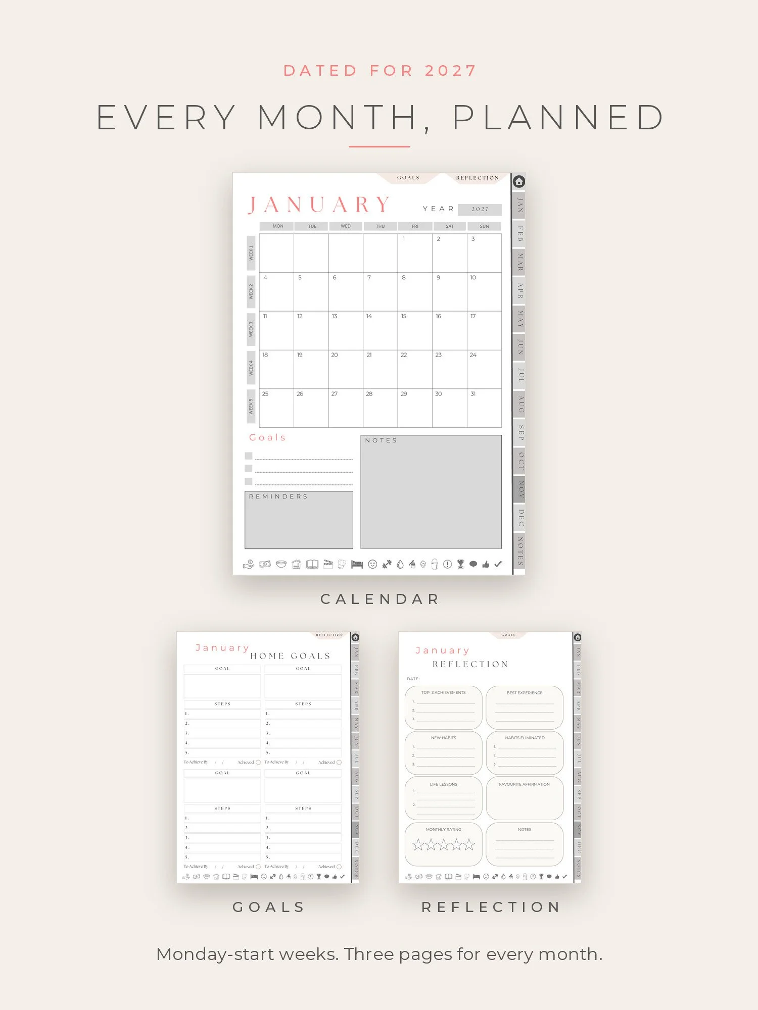 January 2027 calendar, monthly goals and monthly reflection pages from the digital planner