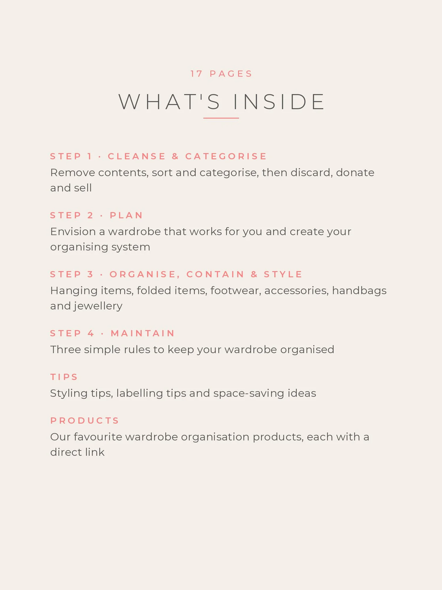 List of what is inside the 17-page wardrobe organisation guide