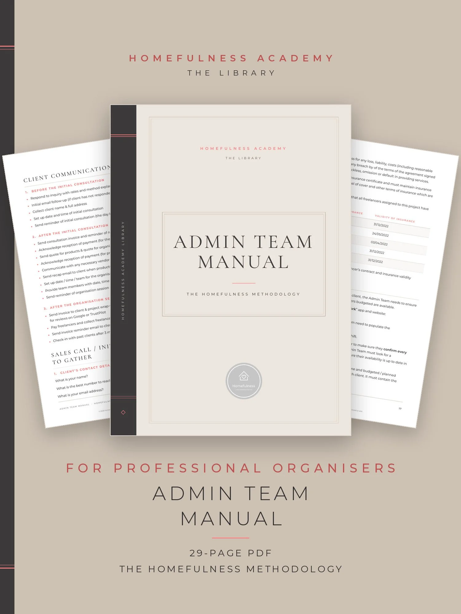 Cover of the Admin Team Manual, a 29-page PDF from the Homefulness Academy Library, with two pages behind it