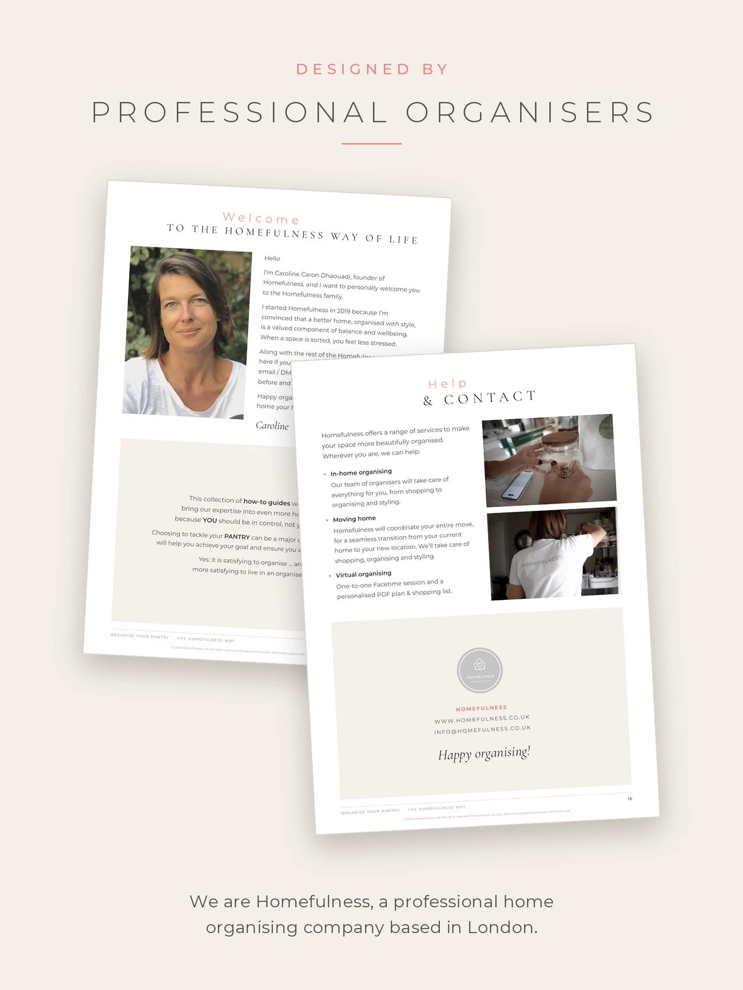 Welcome page and Help and contact page of the pantry guide, designed by Homefulness professional organisers