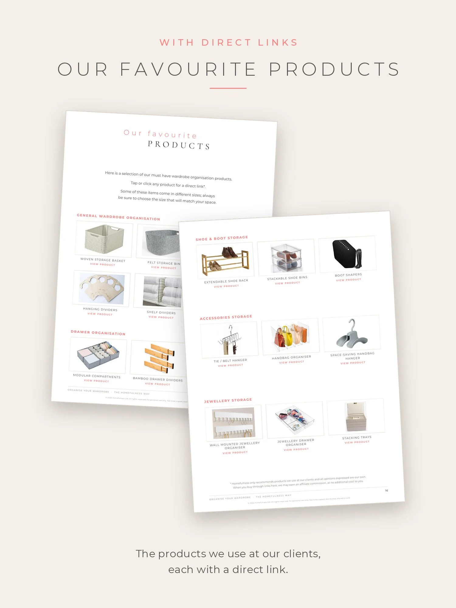 The two favourite products pages of the wardrobe guide, with a direct link for each product