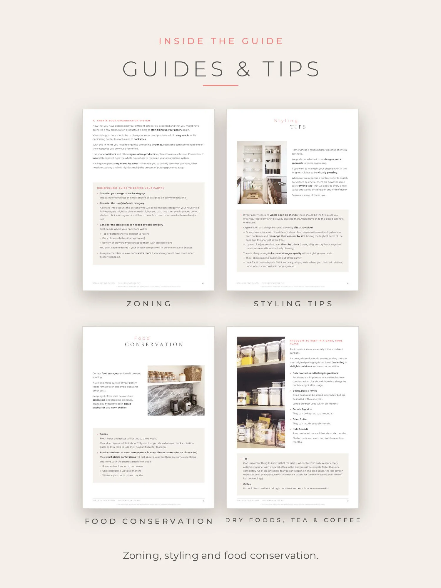 Pages from the pantry guide with checklists and tips
