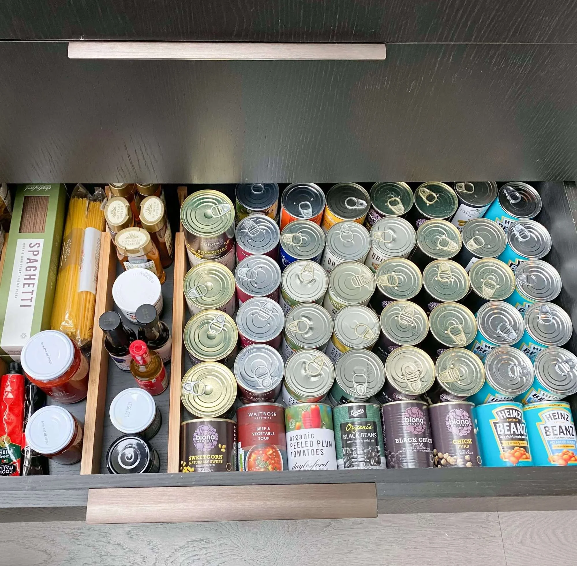 Pantry staples designed in rows in a drawer