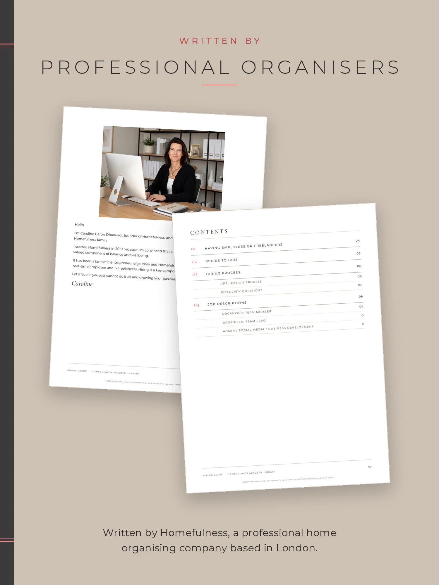 Welcome page by Caroline Caron Dhaouadi, founder of Homefulness, and the contents page of the Hiring Guide