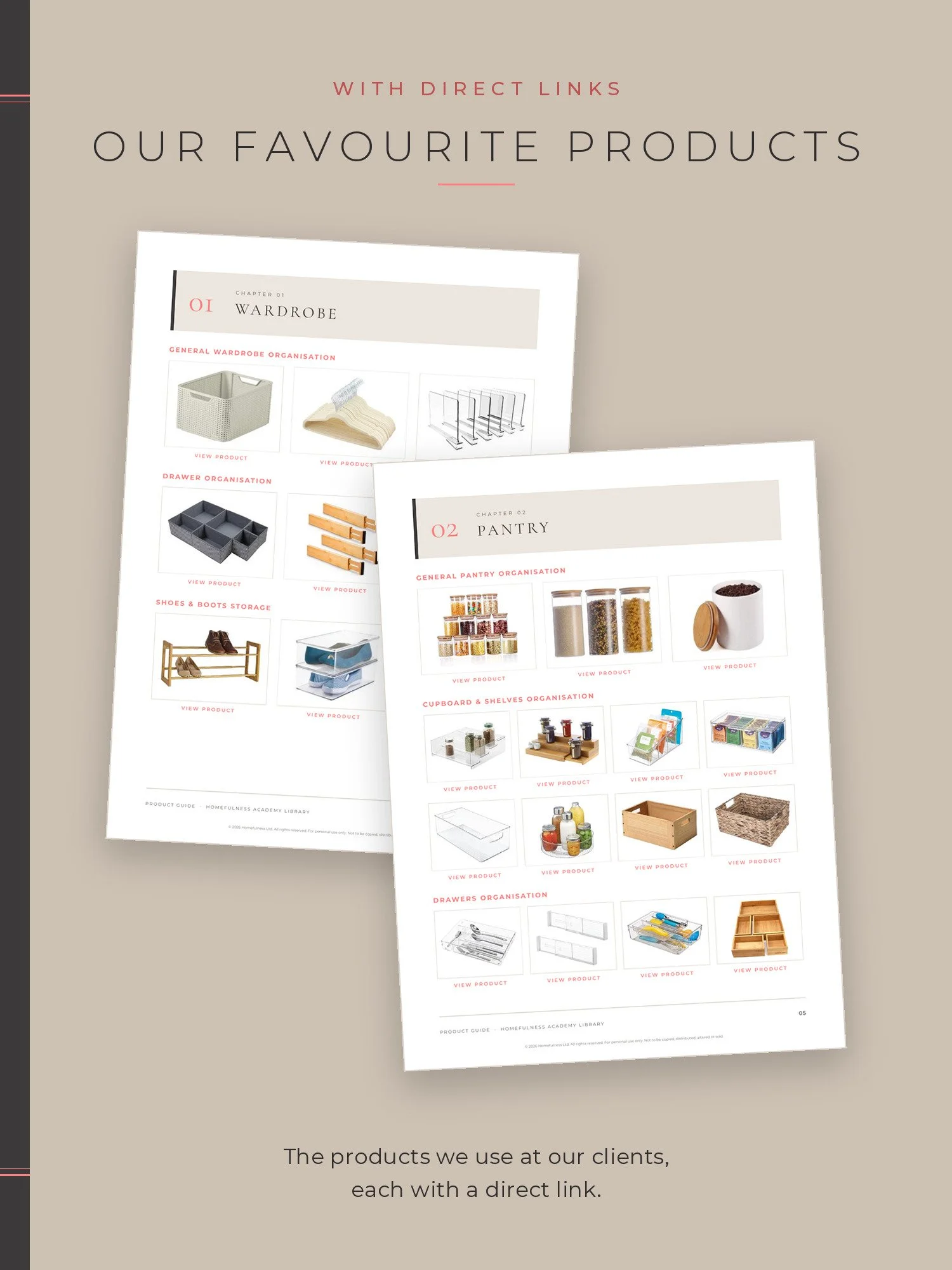 Wardrobe and pantry pages of the Product Guide, with a direct link for each product