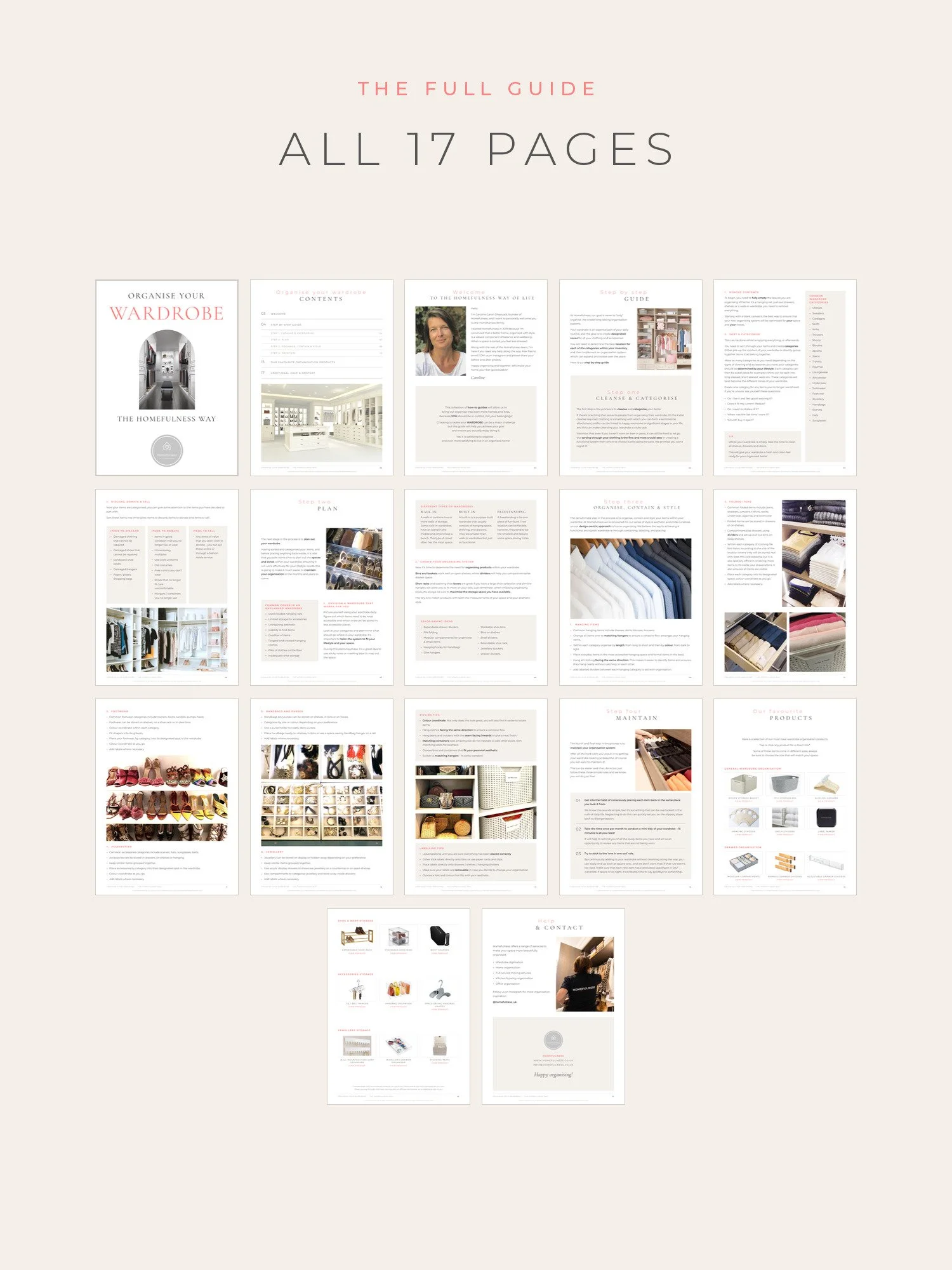 Overview of all 17 pages of Organise Your Wardrobe the Homefulness Way