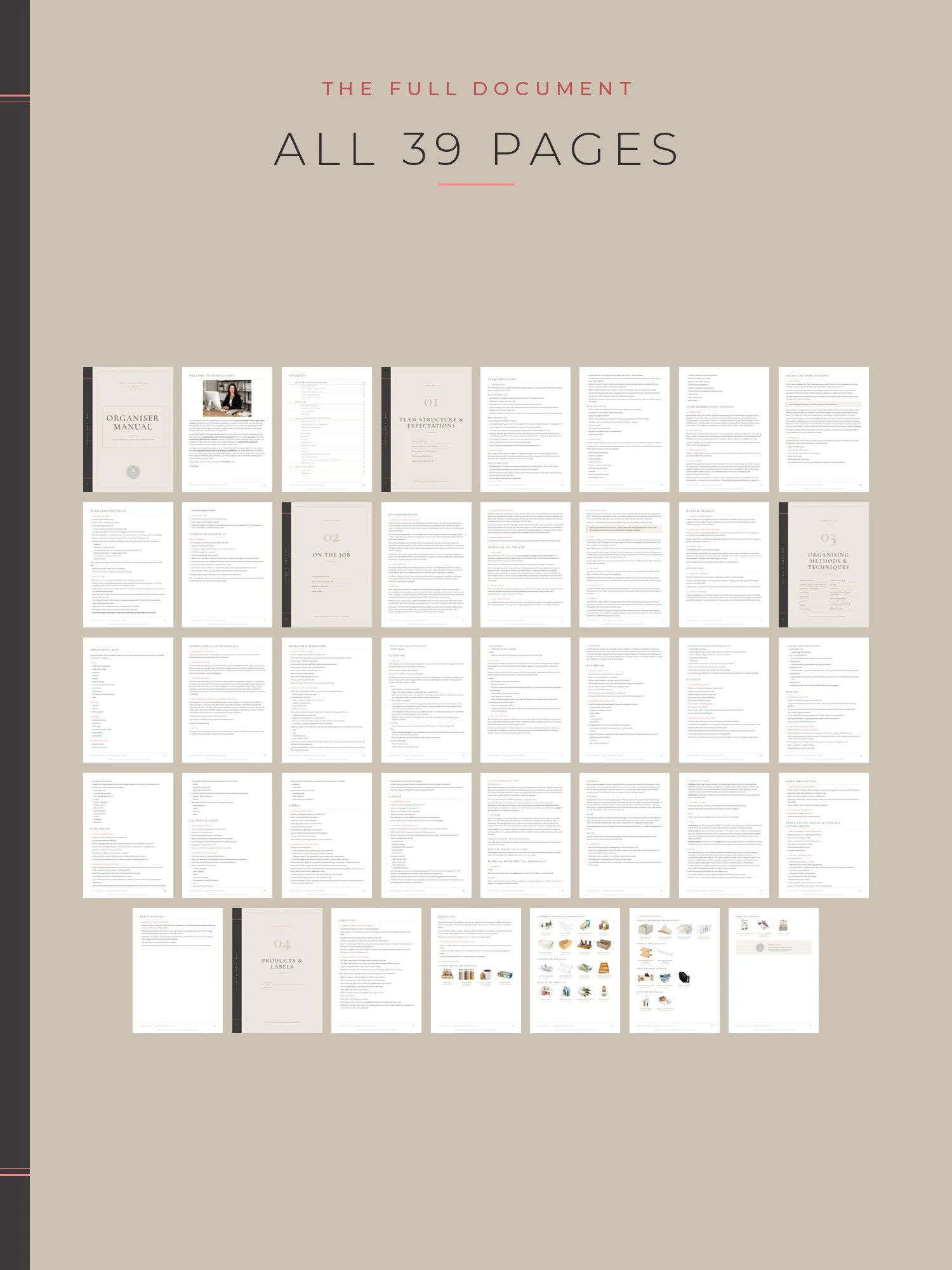 Overview of all 39 pages of the Organiser Manual