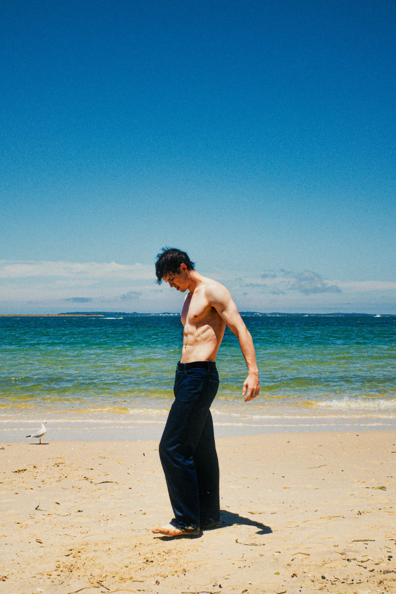 A shirtless man with black hair and black pants standing barefoot on a sandy beach near the ocean, with a seagull nearby, under a blue sky.