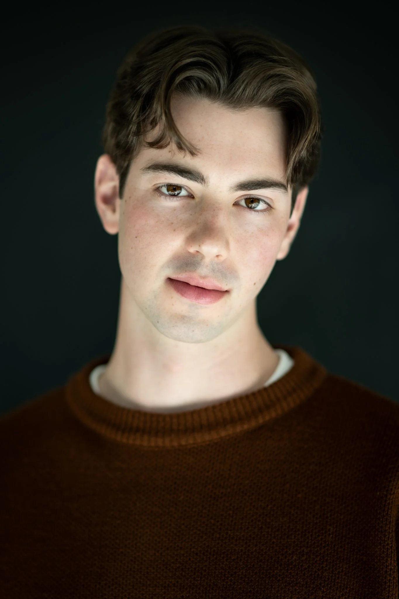 Close-up of a young man with brown hair, hazel eyes, light skin, wearing a brown sweater, against a dark background.