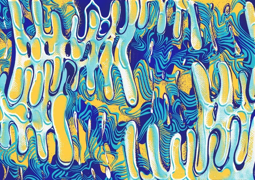 Abstract digital art with flowing wavy lines in yellow, blue, white, and black colors.