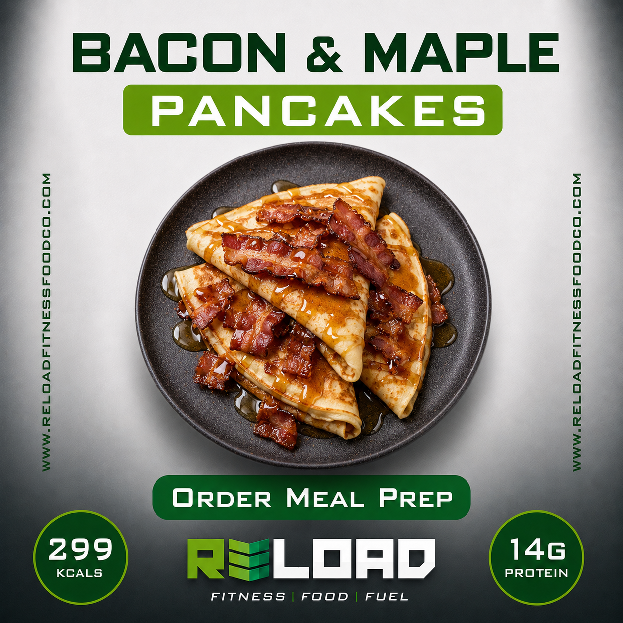 Protein Pancakes, Crispy Bacon, Maple Syrup