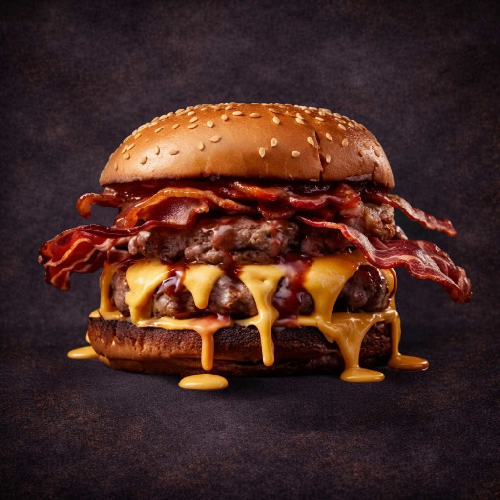 Smokey BBQ Bacon Double Cheese Burger - Protein 25g - Carbs 62g - Fat 28g - 597 Kcals