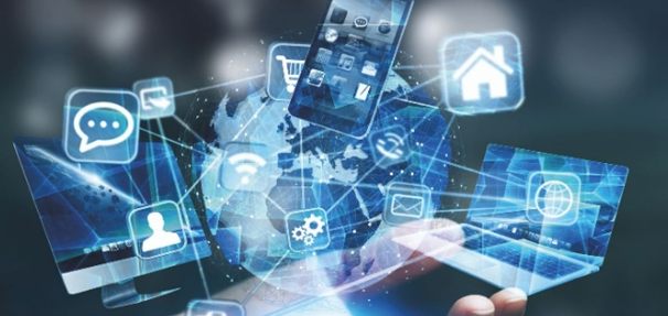 Digital icons and holographic screens representing technology, communication, social media, and connectivity with a smartphone and a hand in the foreground.