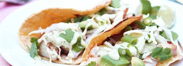 Fish tacos with mango lime creme
