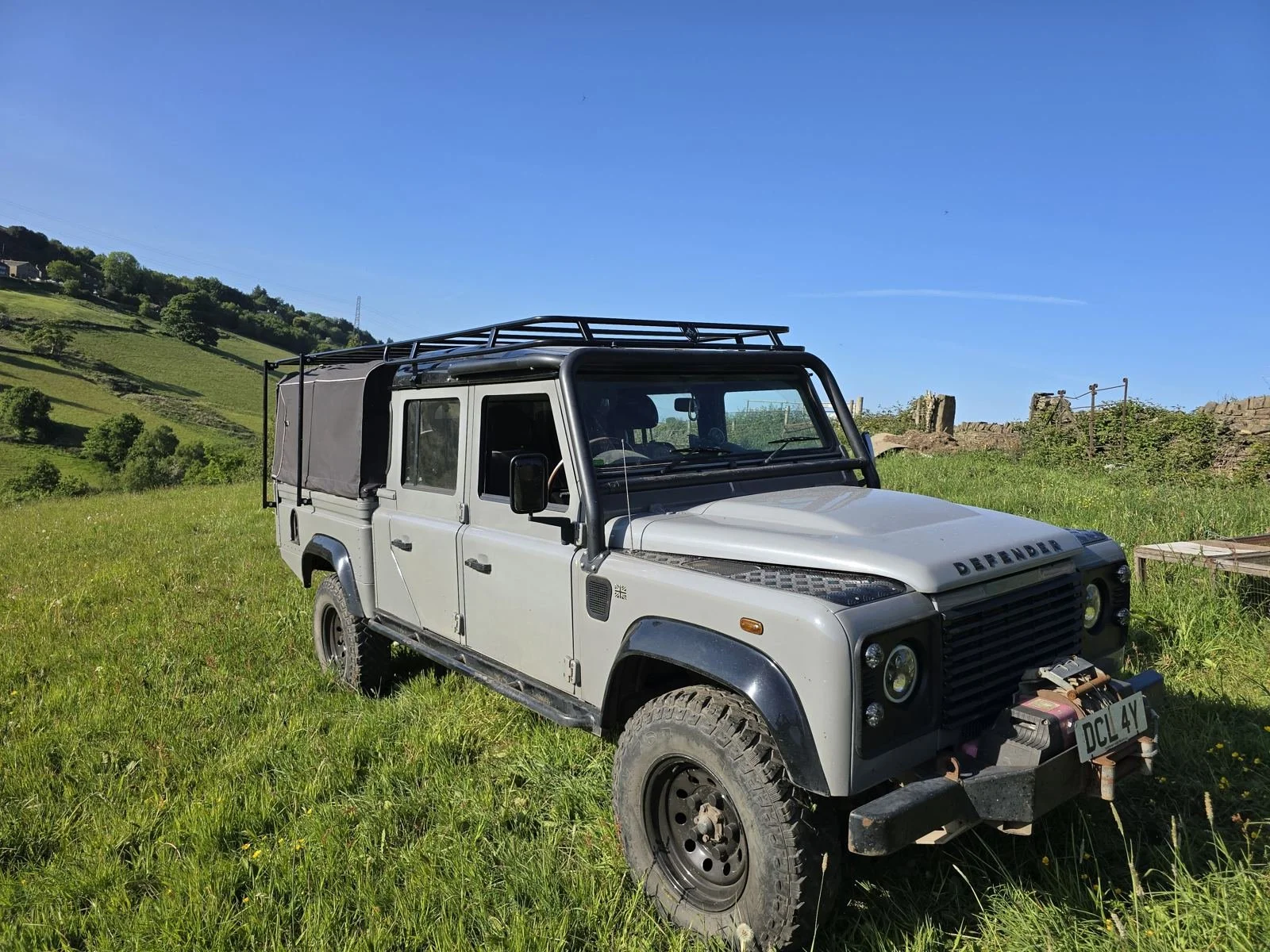 Land Rover Defender 130 crew cab with an MCB 4x4 steel expedition roof rack