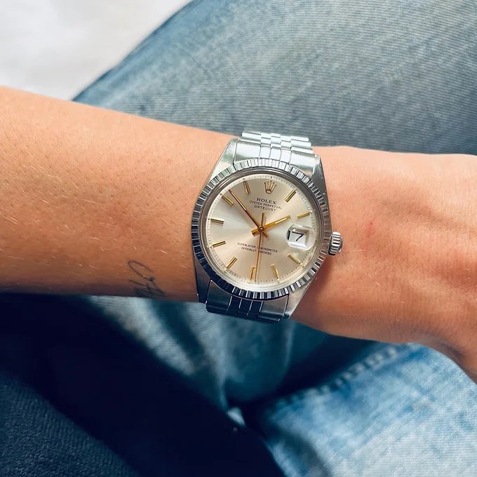 Vintage stainless steel automatic Rolex bracelet watch with sigma dial, Circa 1974
