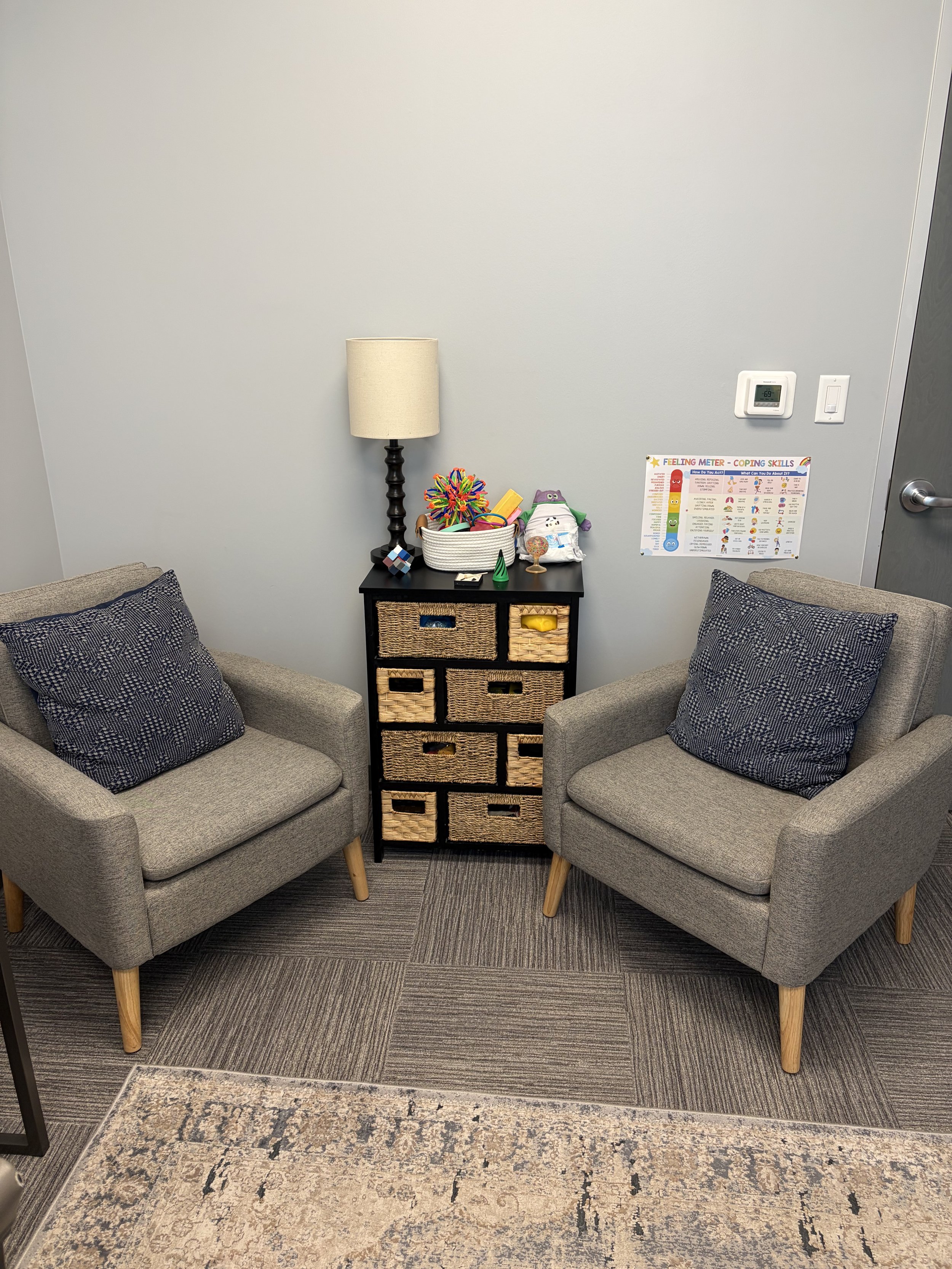 Cozy Therapy Chair setup at Grateful Heart Counseling Denton Location