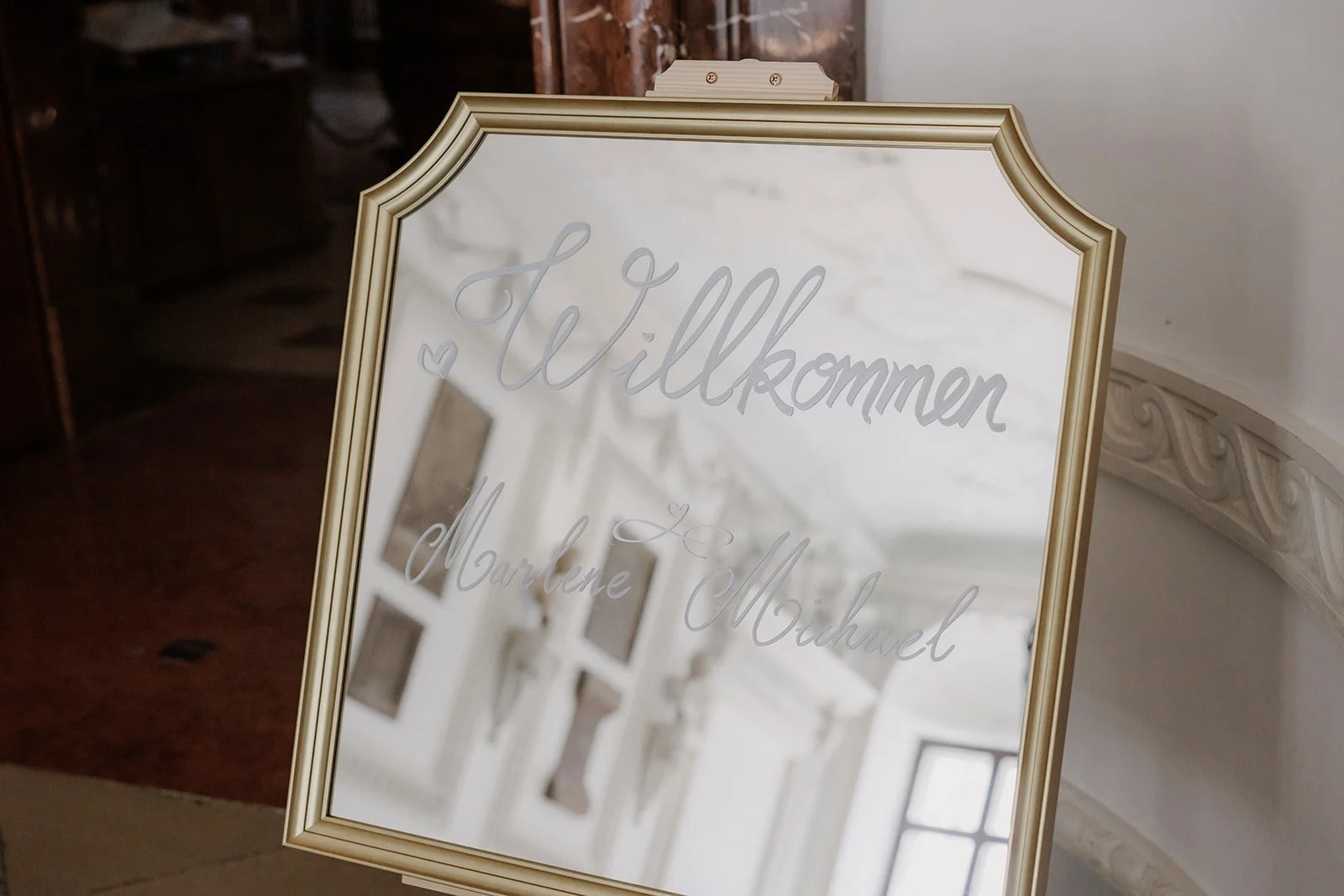 Elegant wedding details mirror welcome message Austrian National Library Vienna Austria Fine Events Vienna