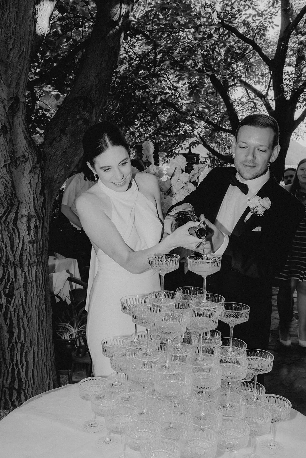 Wedding celebration champagne tower couple Wachau Austria wine region Fine Events Vienna
