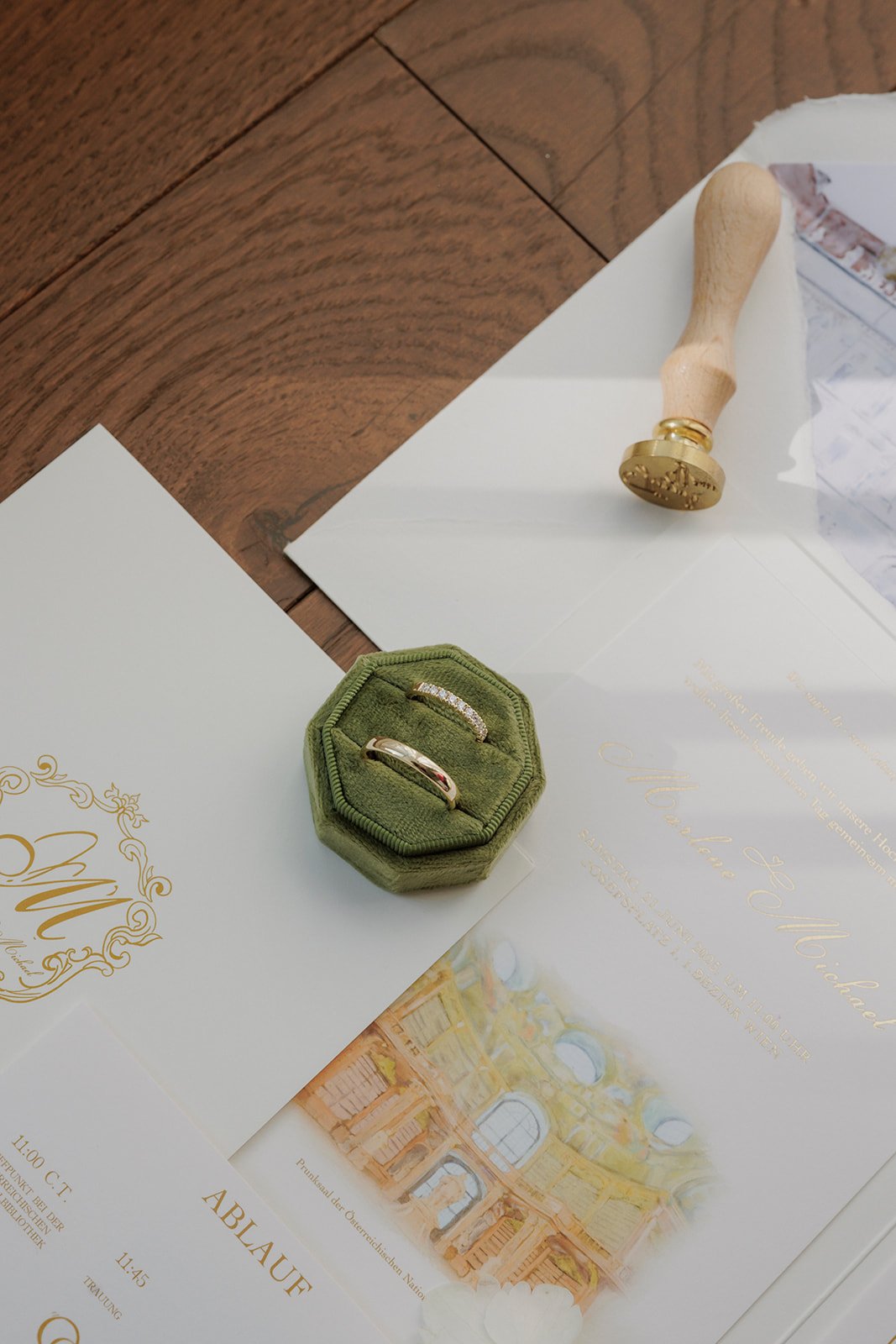 Elegant Wedding stationery and rings National Library Vienna Austria destination Fine Events Vienna
