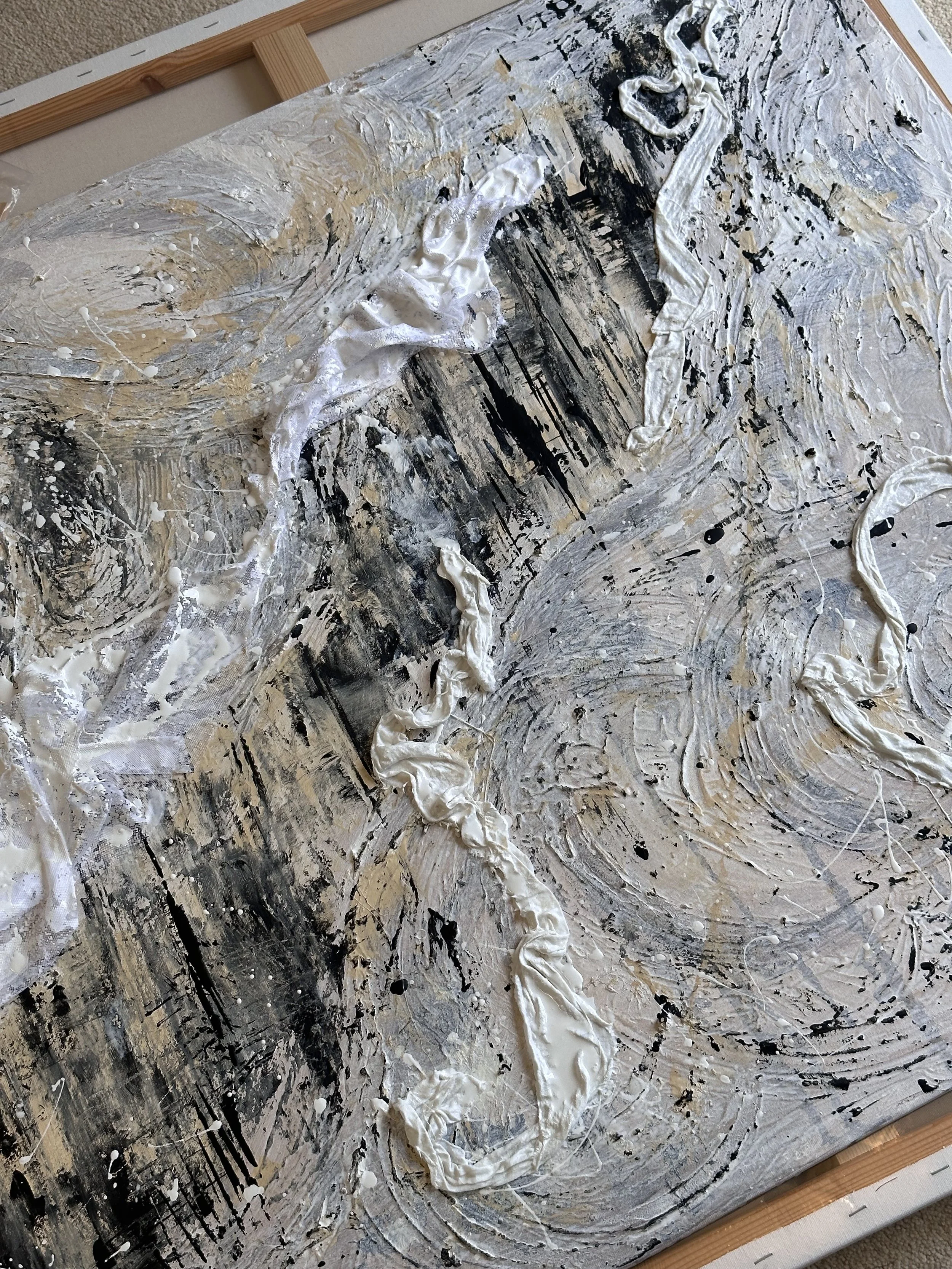 Early stage of Rags to Riches – Cinderella Story by Deborah Phillips UK Artist, showing layered mixed media textures, textiles and earthy colours, exploring transformation and resilience.