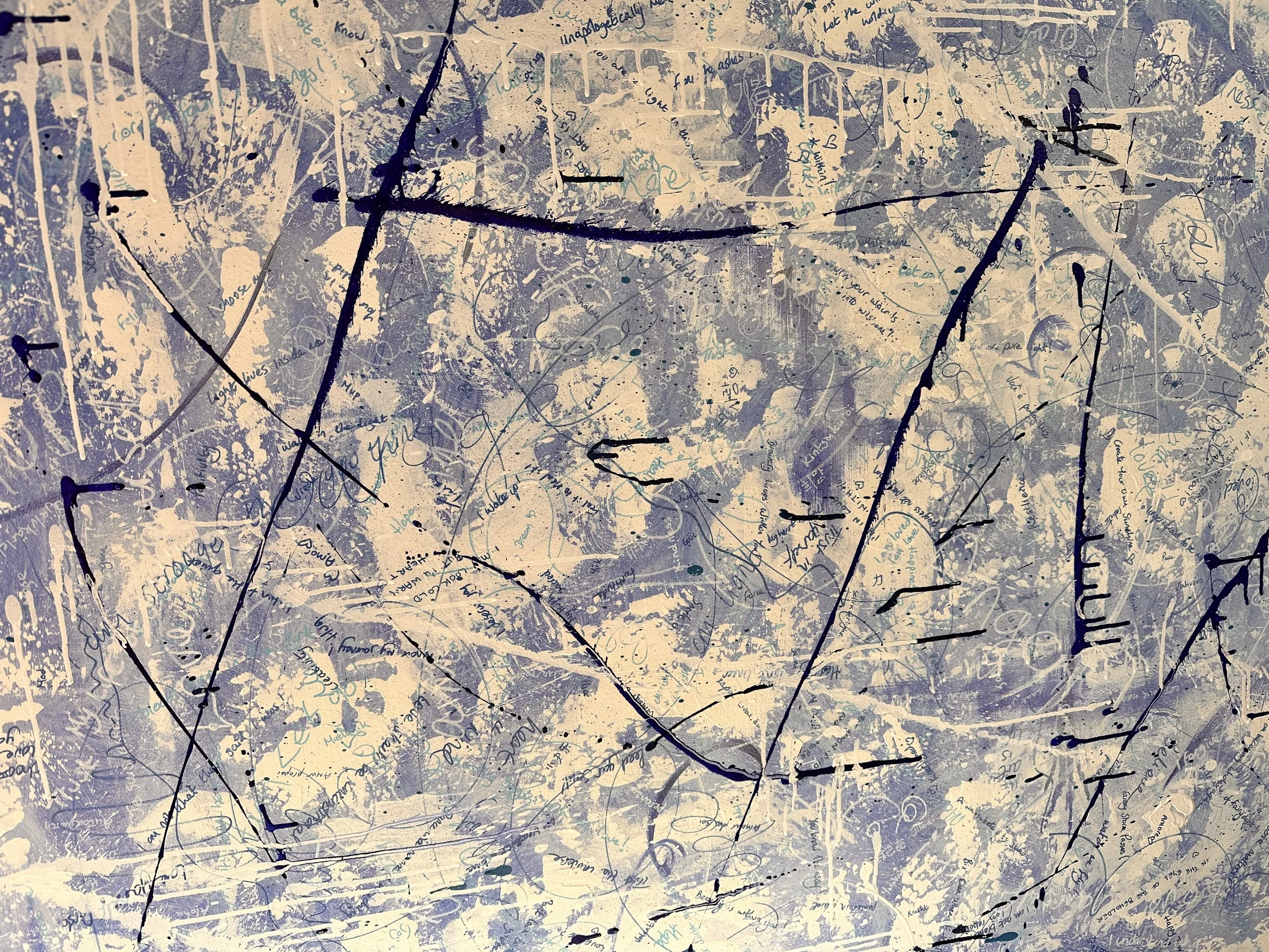 splashes of ultramarine blue and dribbles of titanium white ink dripped on blue and white abstract graffiti canvas, paint drips in all directions, no right way up