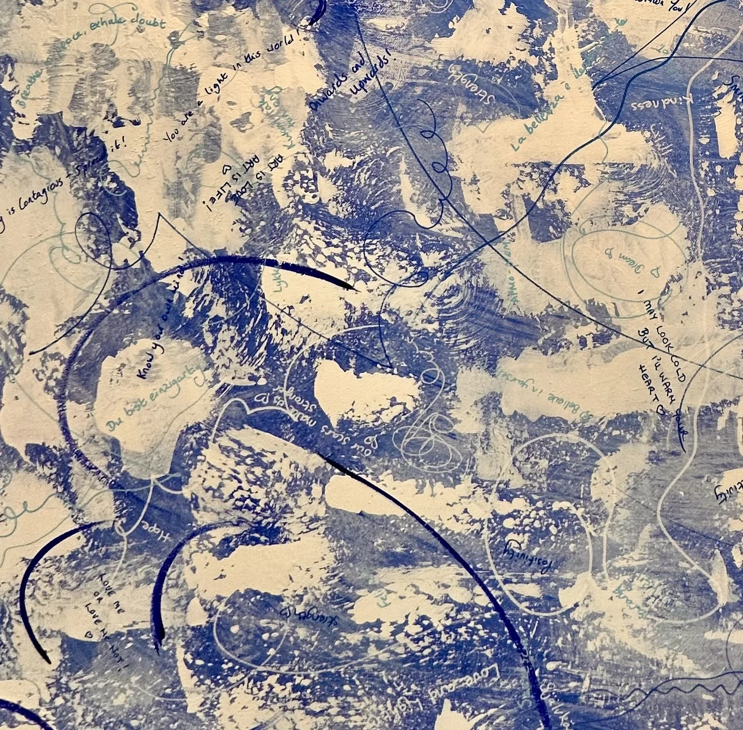 full screen of mid blue painting with white paint and texture all over. lots of swirling painterly marks and text cover the canvas
