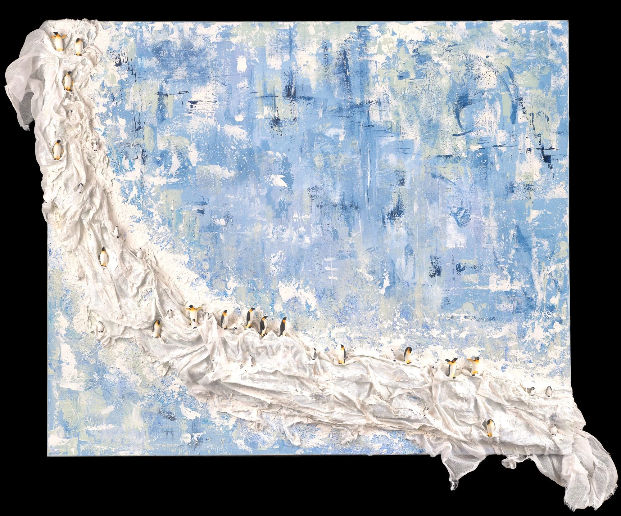 Full artwork with penguins on a sculpted snowy muslin ledge trailing across the canvas and spilling over the edge.