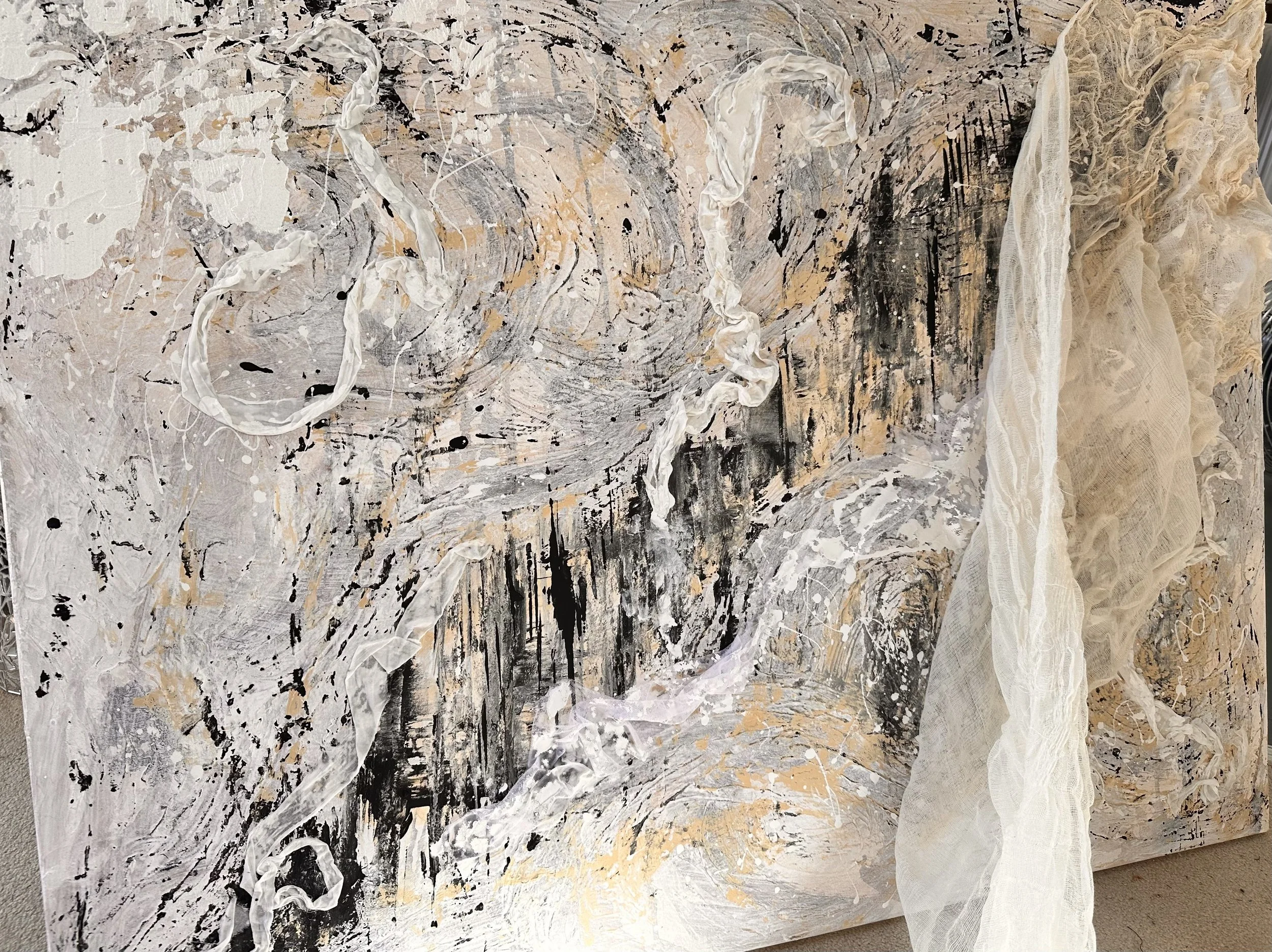 Early stage of Rags to Riches – Cinderella Story by Deborah Phillips UK Artist, showing close up detail of layered mixed media textures and earthy colours, exploring transformation and resilience.
