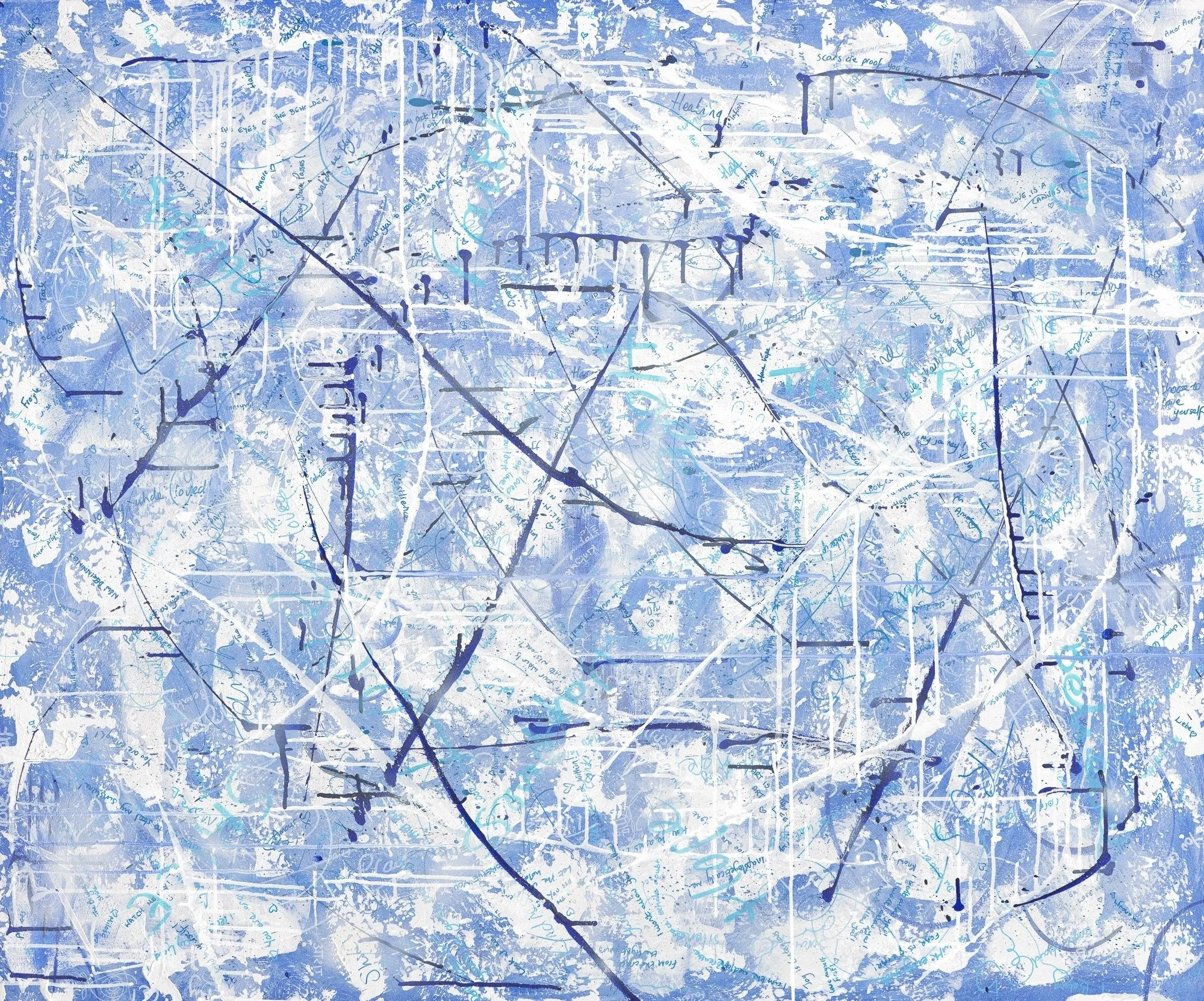 full sized image of the mixed media blue and white graffiti style painting by deborah phillips, paint drips in all  directions, multilingual healing text all over canvas, no right way up, sweeping painterly marks