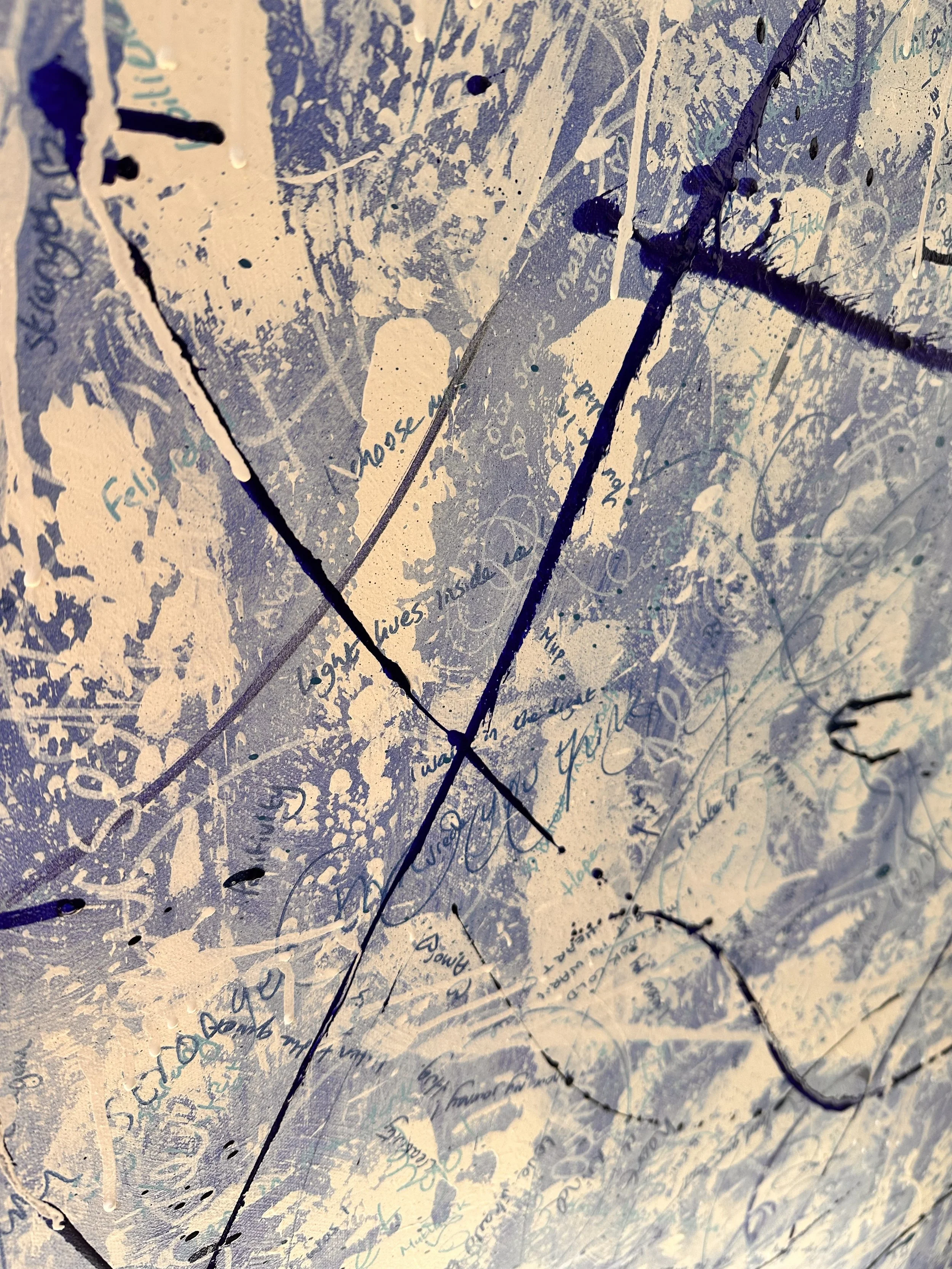 close-up-image-of-part-of-healing-canvas. blue and white paint, texture and drips in all directions along side text and hearts