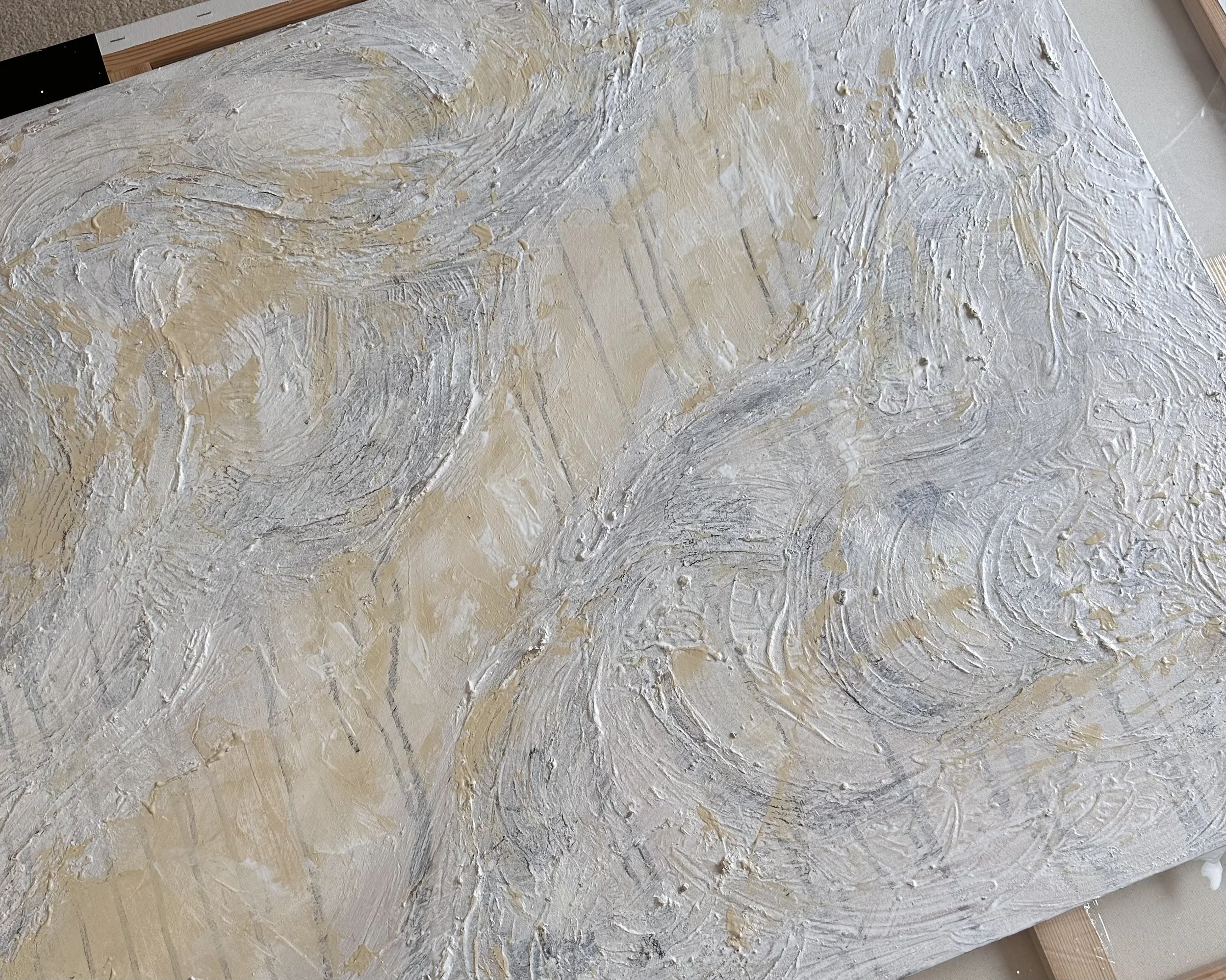 Early stage of Rags to Riches – Cinderella Story by Deborah Phillips UK Artist, showing layered mixed media textures and earthy colours, covered in a veil of titanium white acrylic paint