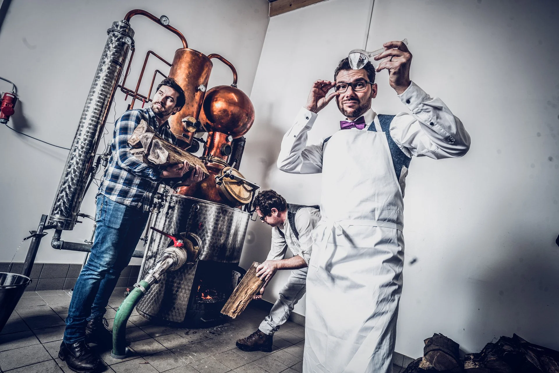 BOAR Gin  Founder Markus Kessler, Torsten Boschert and Hannes Schmidt having fun in the distillery