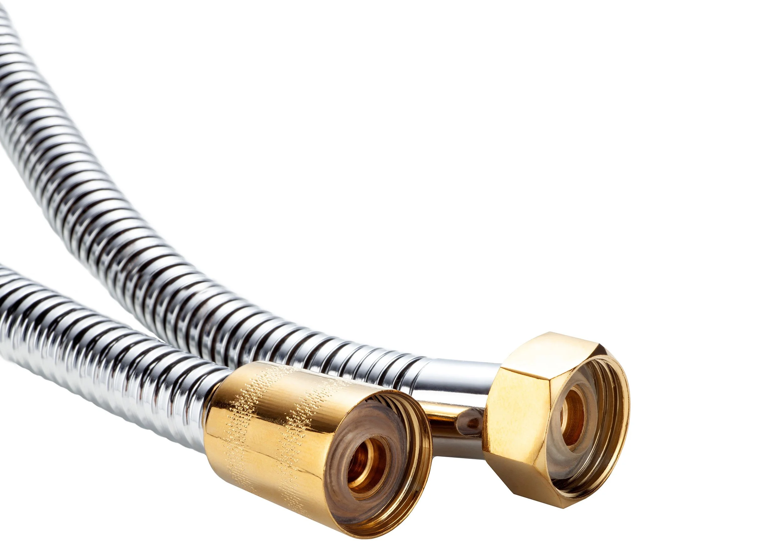 image of two braided stainless steel flexible faucet supply lines with brass connectors