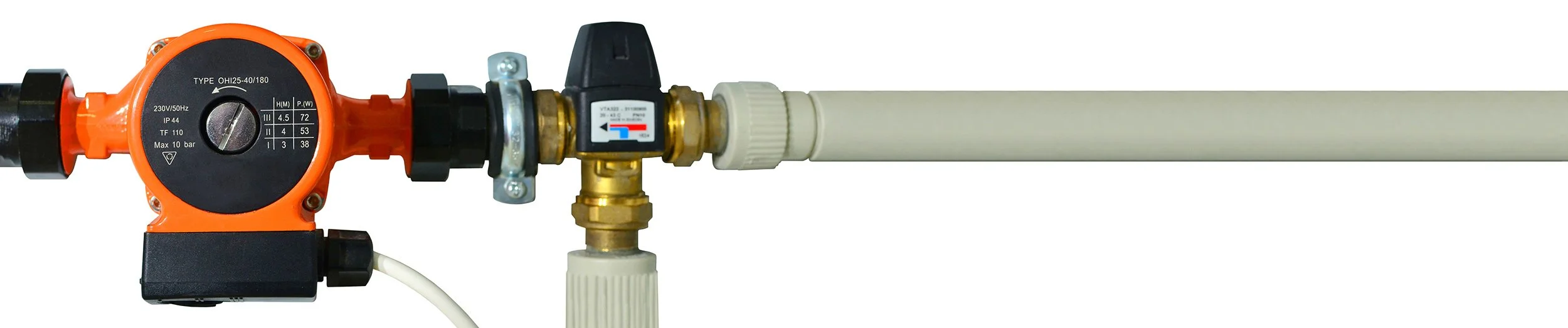 section of a gas heating system showing a white pipe with a valve and meter