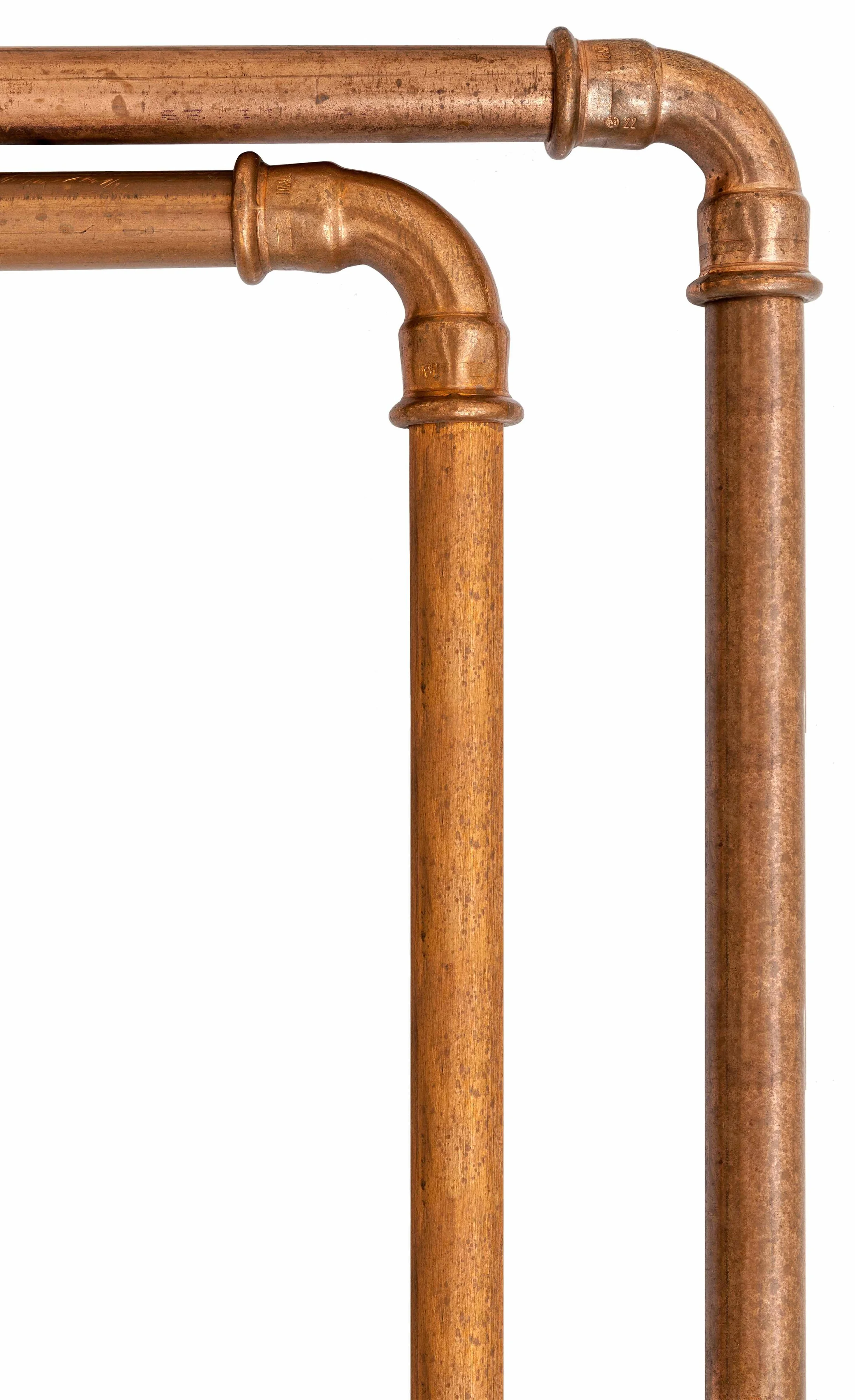 set of two copper pipes, each with a corner elbow joint