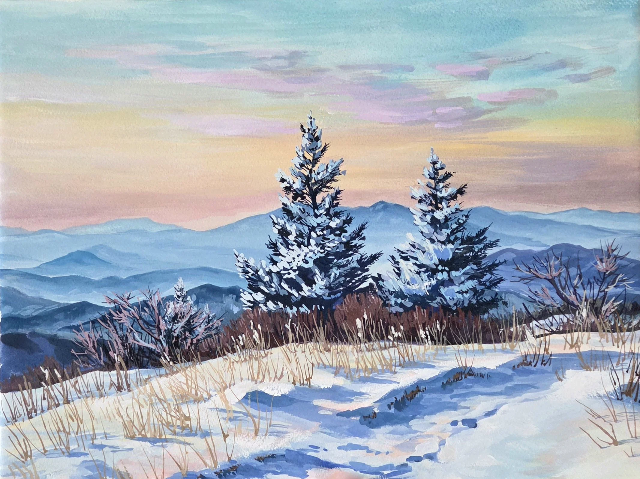 Painting of a mountain in winter with snow, pine trees, and a winding trail
