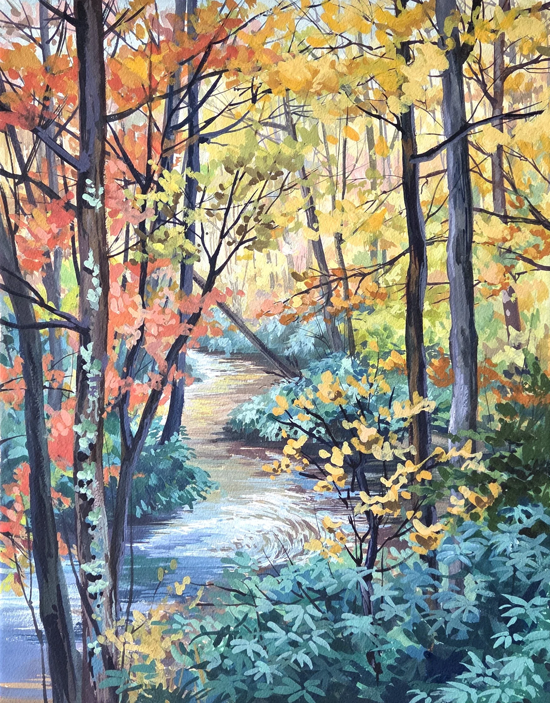 Painting of fall colors autumn forest fall foliage with a river