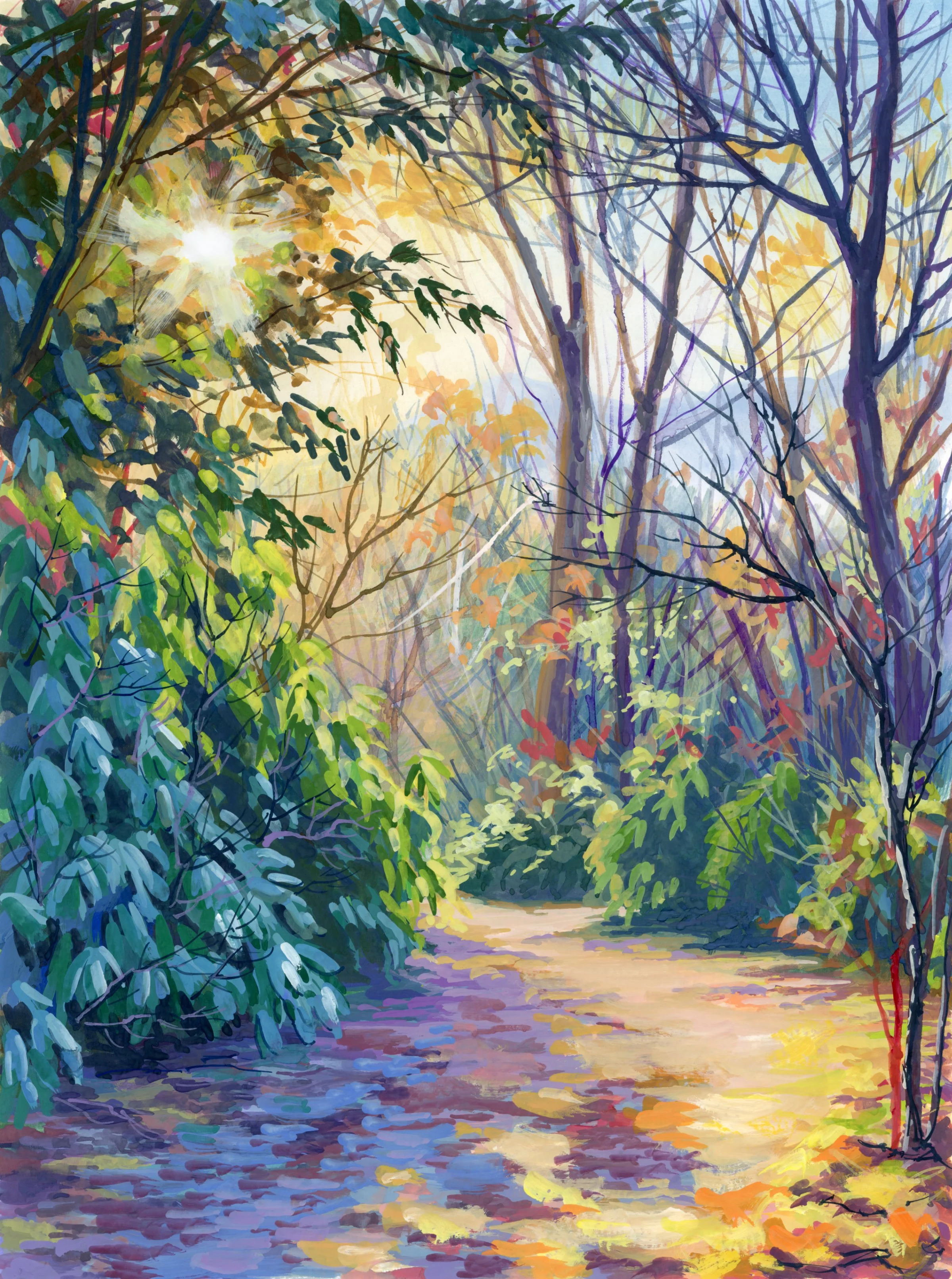 Landscape painting of a trail in the mountains landscape with a setting sun, rhododendrons, and colorful trees