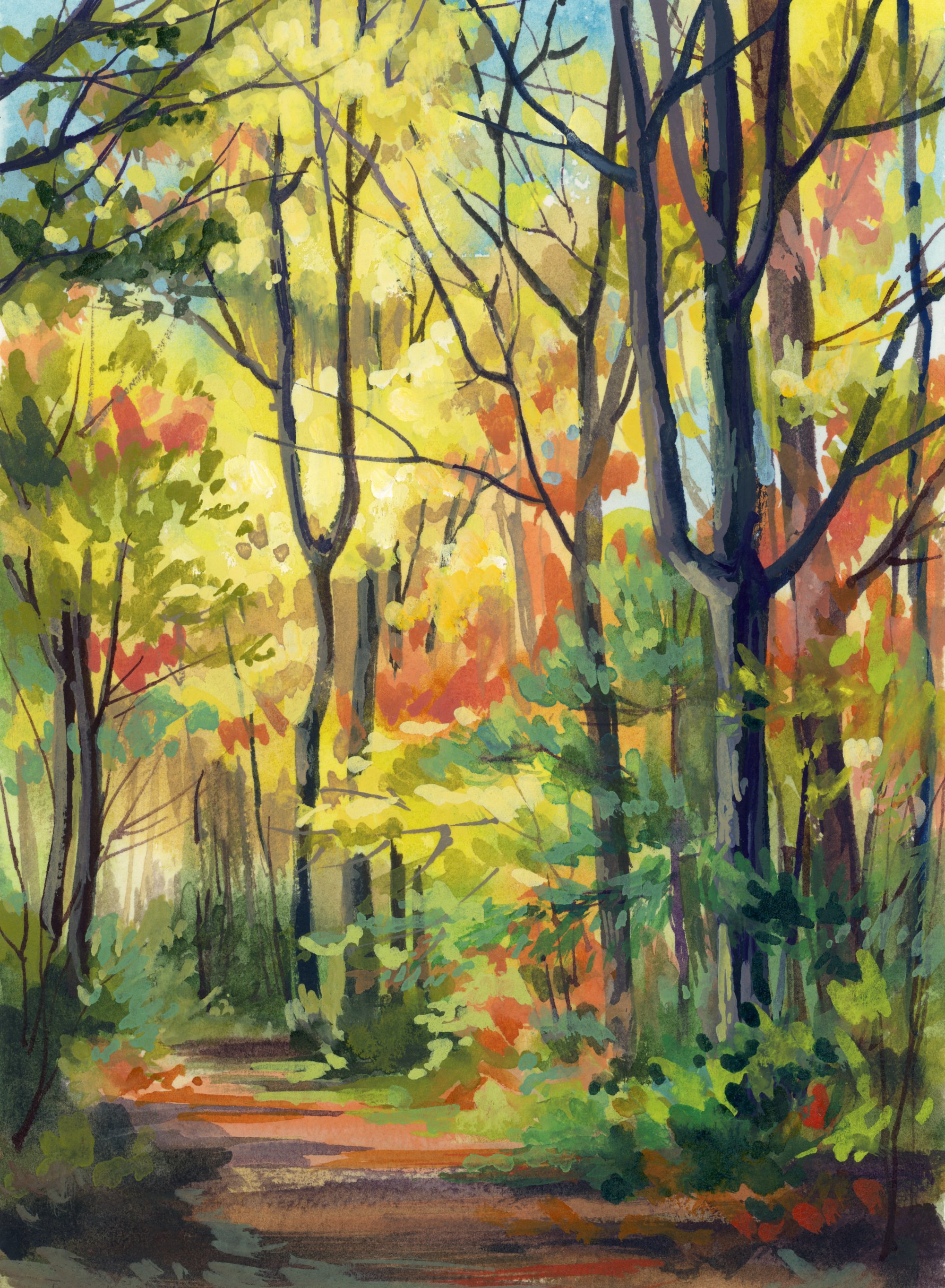 Painting of fall colors autumn trail fall foliage in a forest