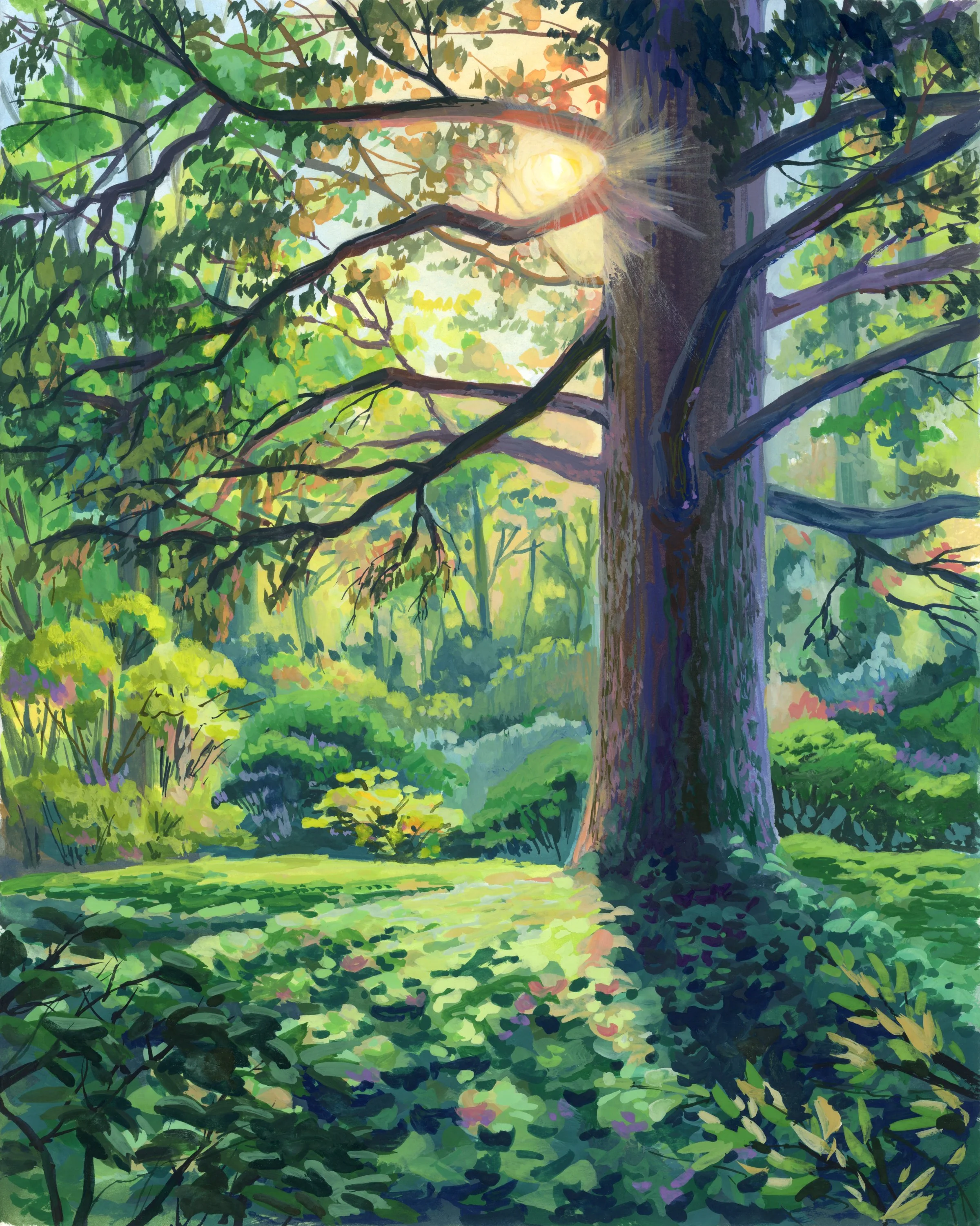 Painting of a lush green forest with a setting sun behind a big tree