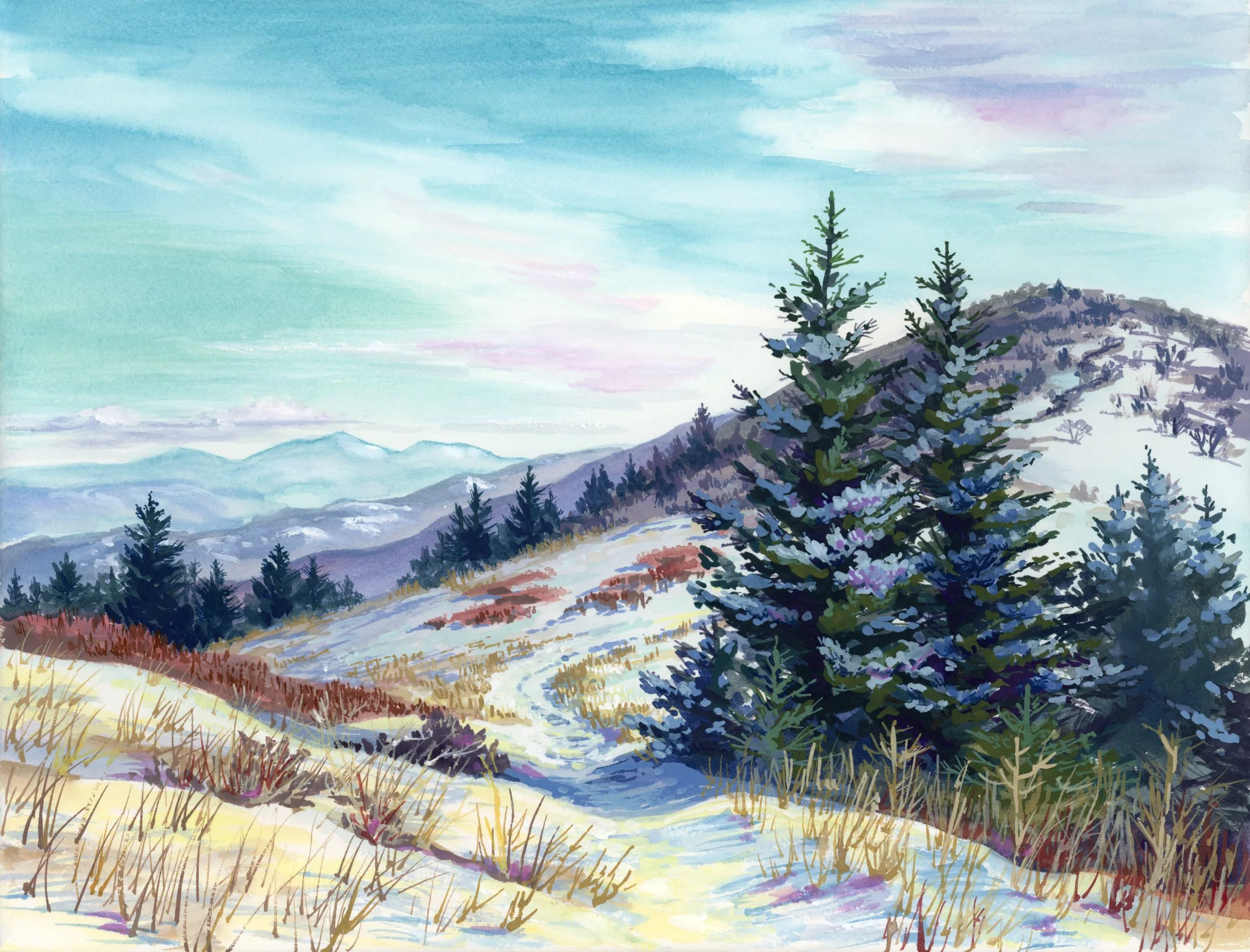 Painting of a mountain in winter with snow, pine trees, and a winding trail