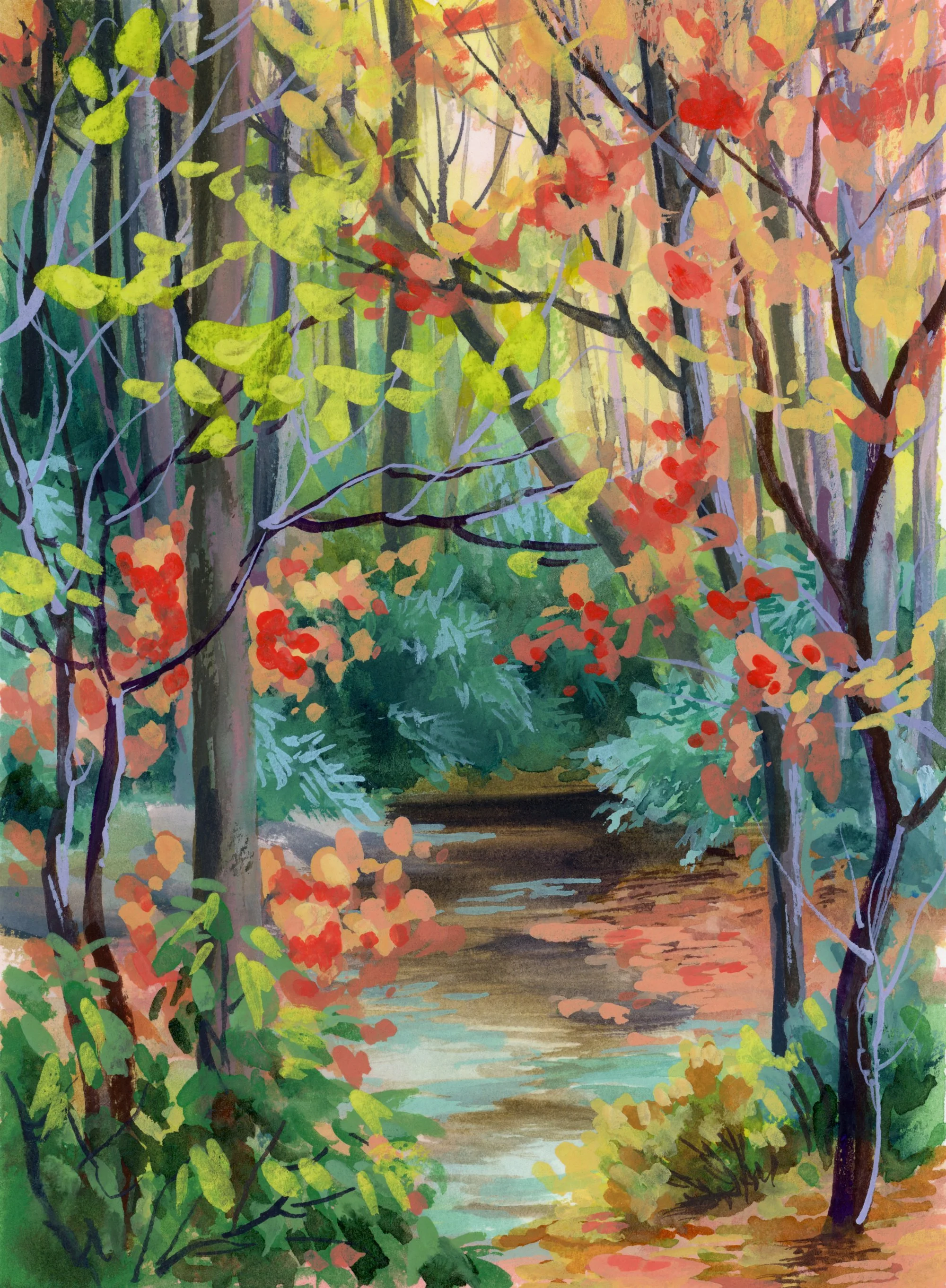 Painting of fall colors autumn forest fall foliage with a river