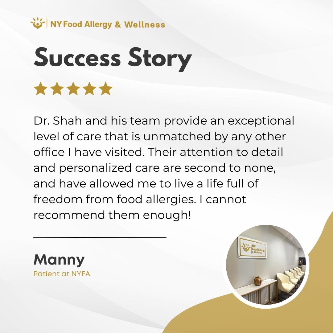 🌟Experience ongoing growth and confidence with your food allergies at NY Food Allergy &amp; Wellness. Manny's story is a testament to the progressive journey with Dr. Atul Shah's team, where continuous care leads to lasting empowerment over food all